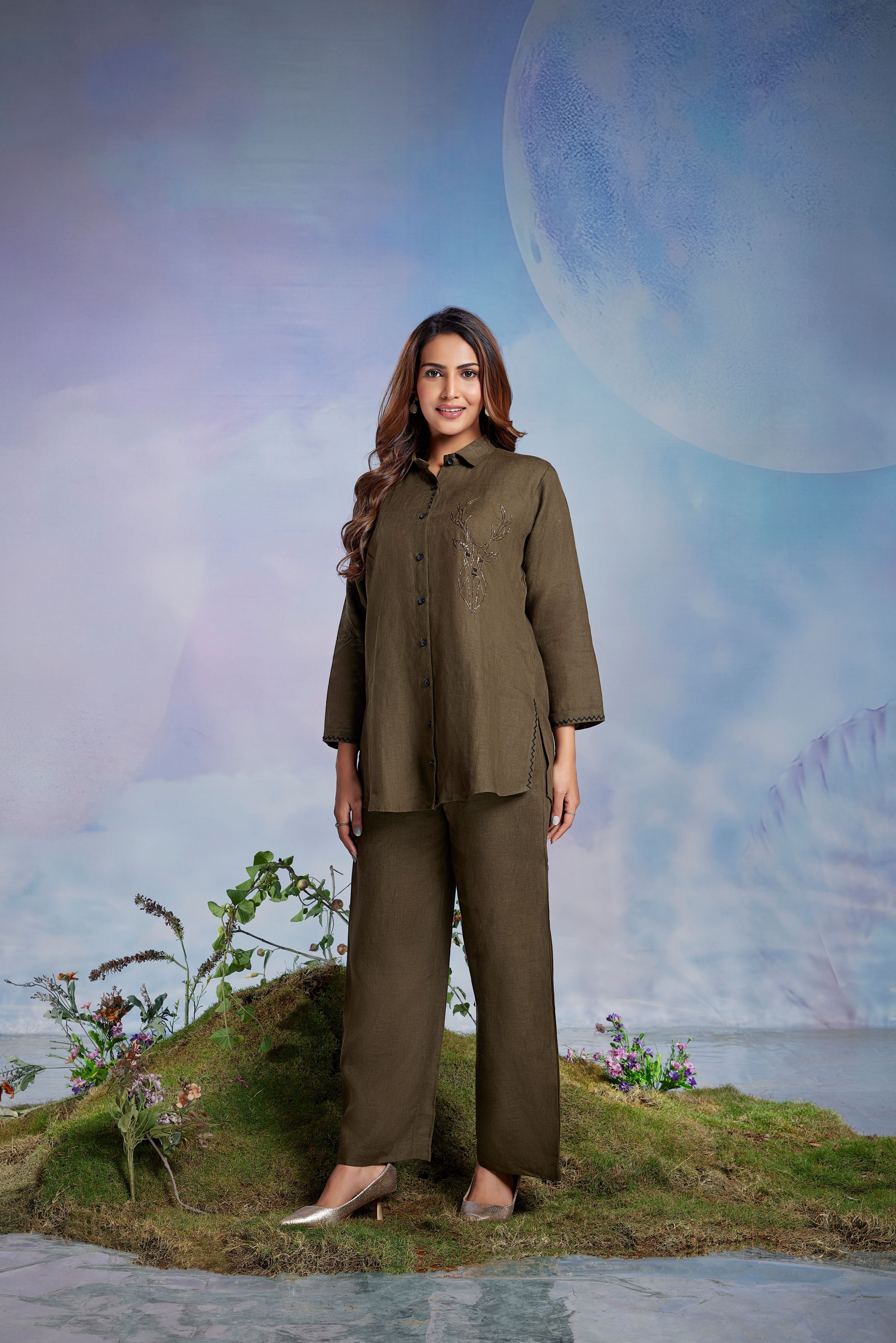 Deep Olive Embellished Linen Co-Ord Set