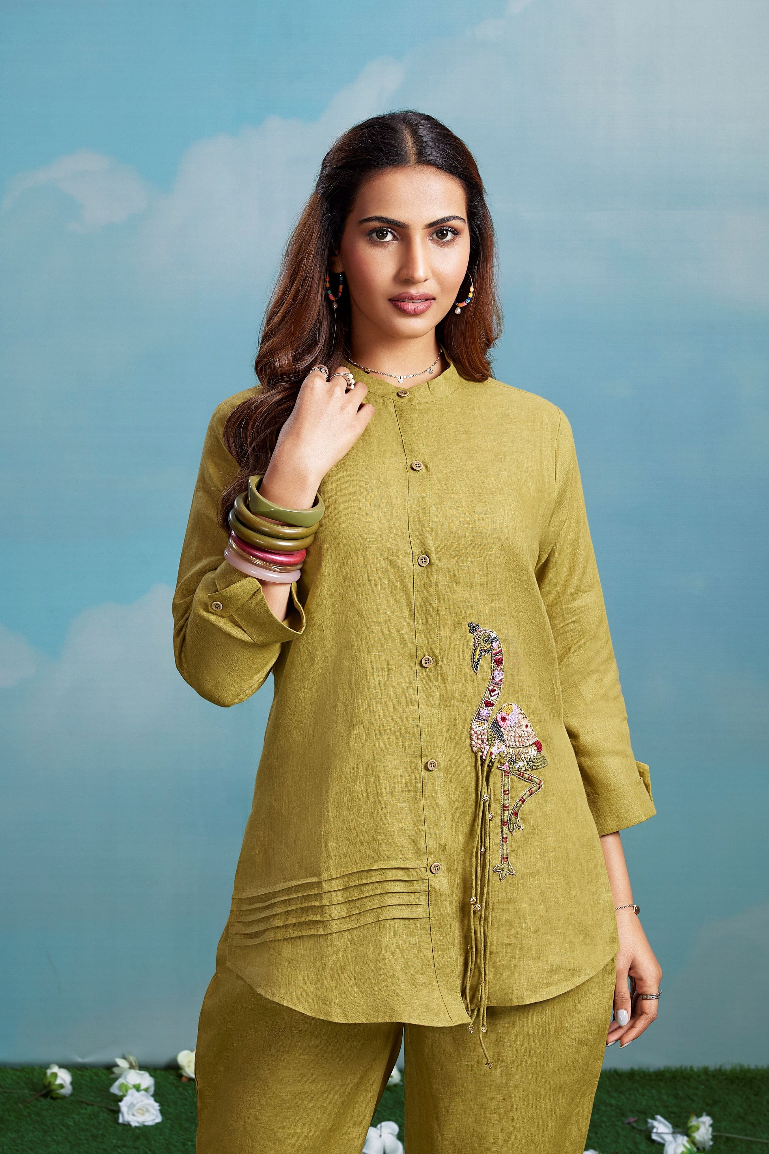 Citrine Green Embellished Linen Co-Ord Set