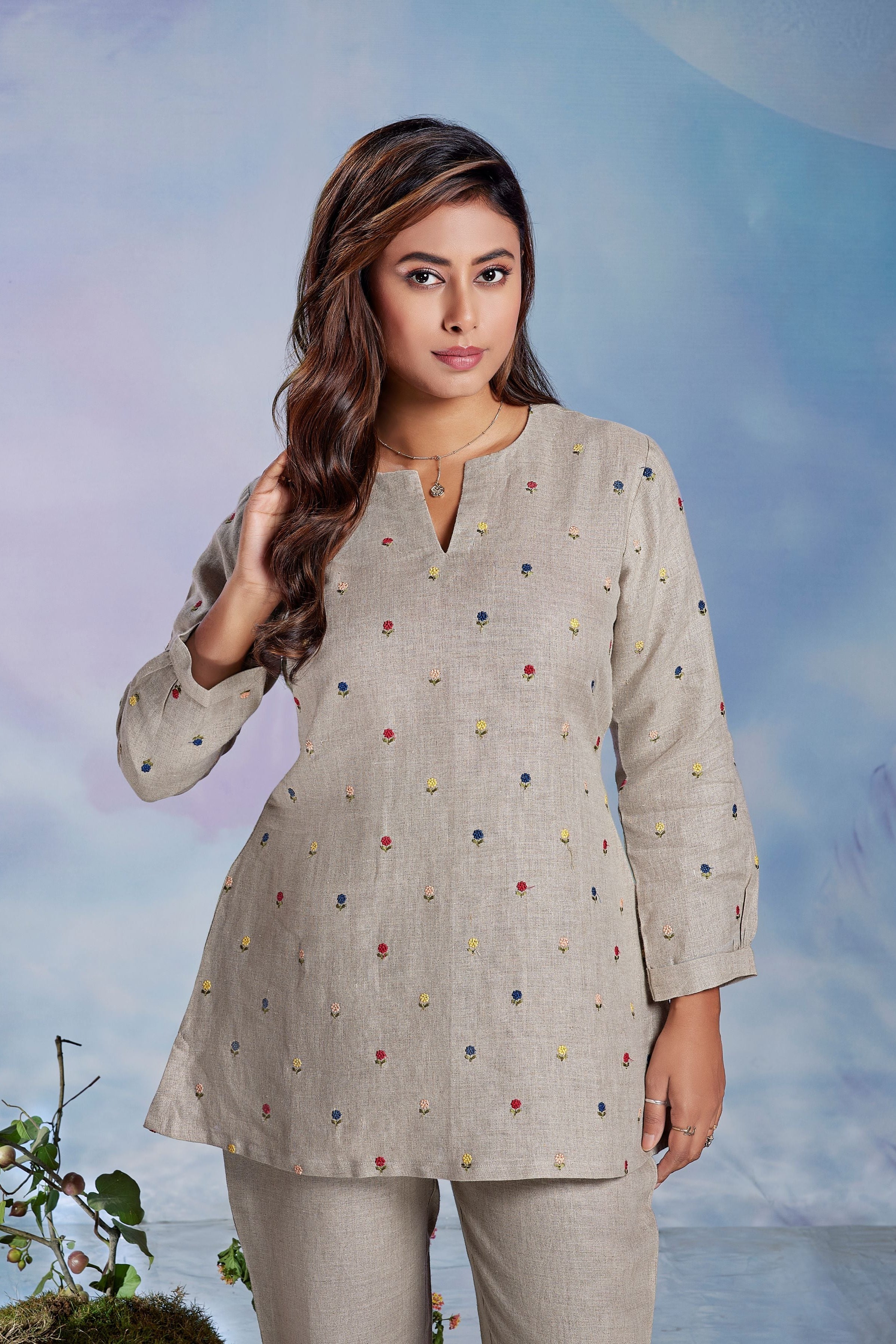 Oatmeal Grey Embroidered Linen Co-Ord Set