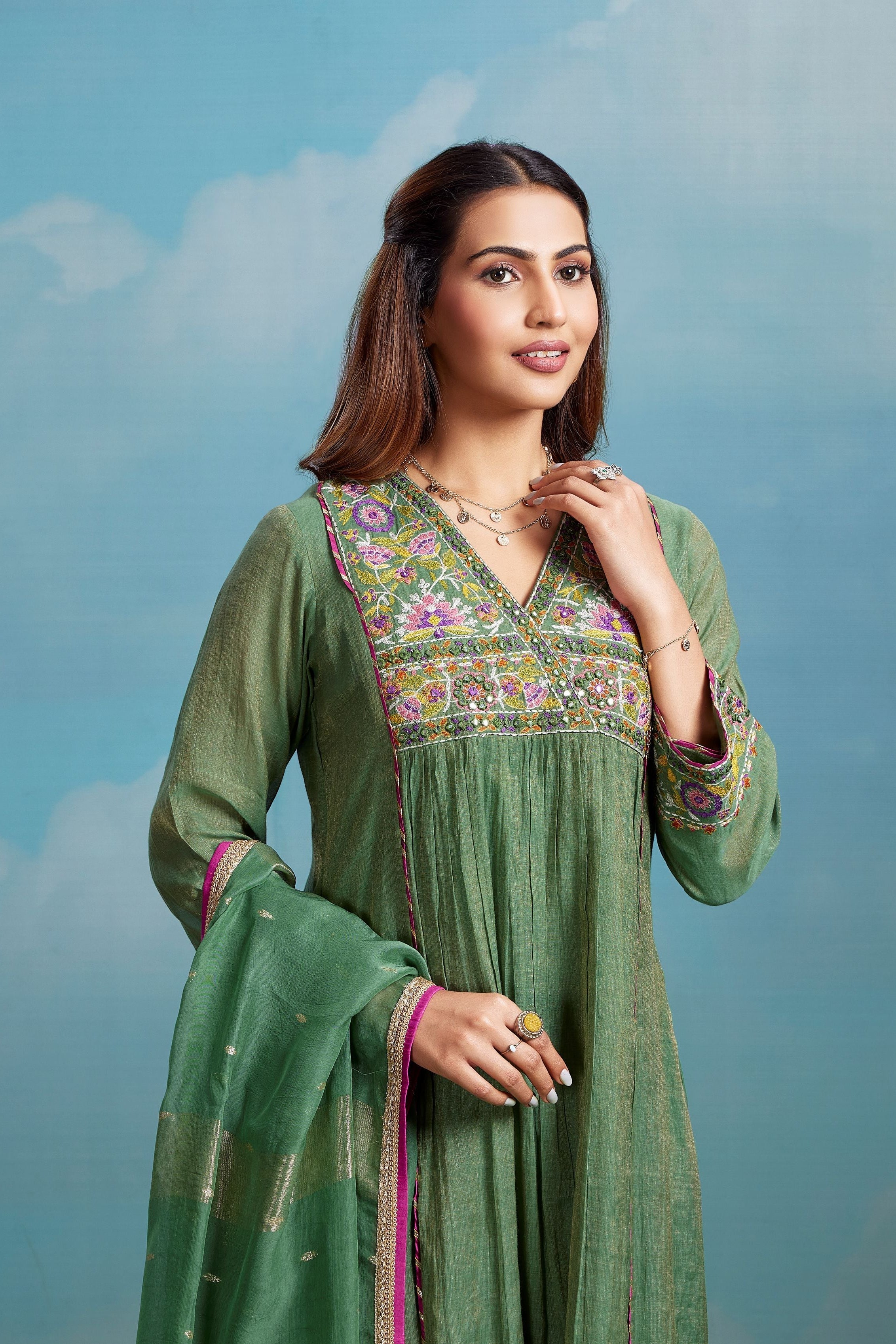 Sage Meadow Embroidered Chanderi Silk Pant Set