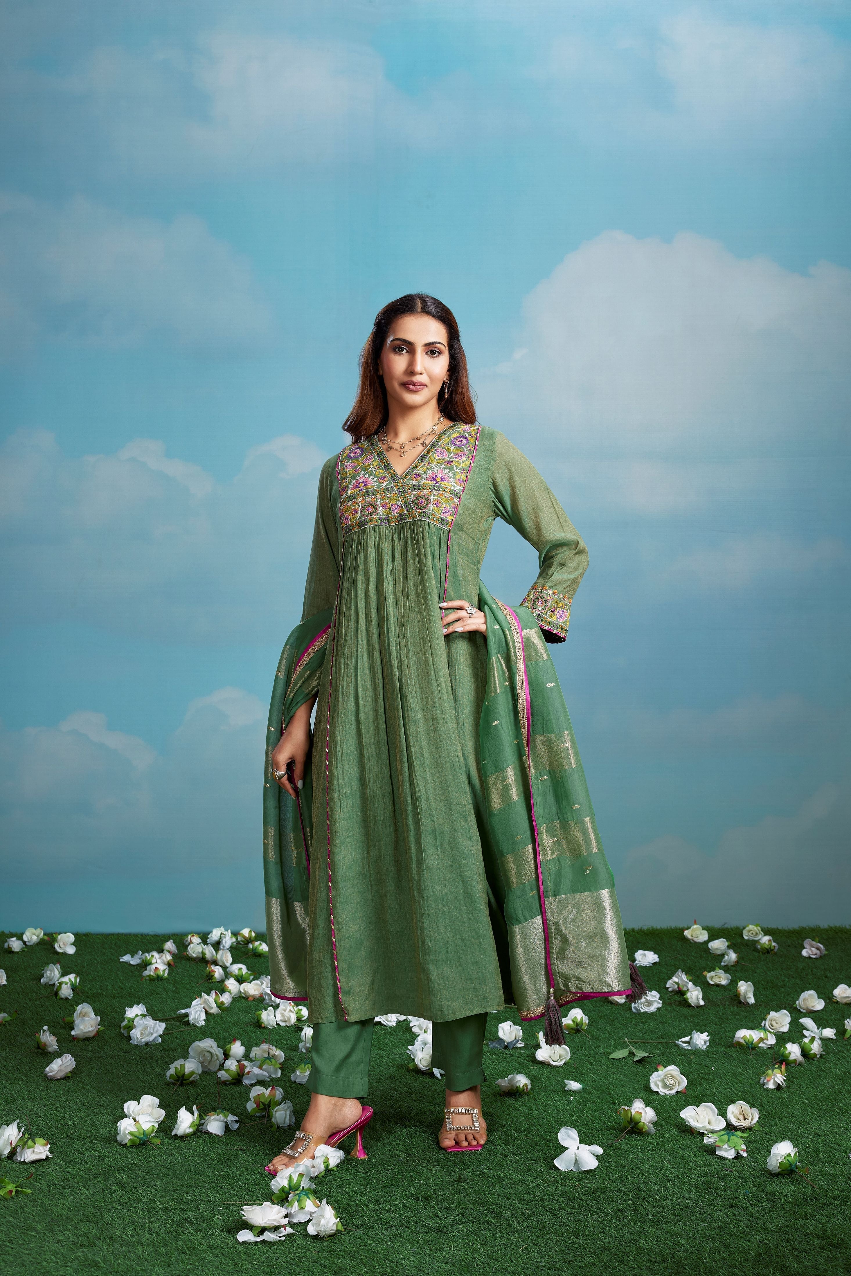 Sage Meadow Embroidered Chanderi Silk Pant Set