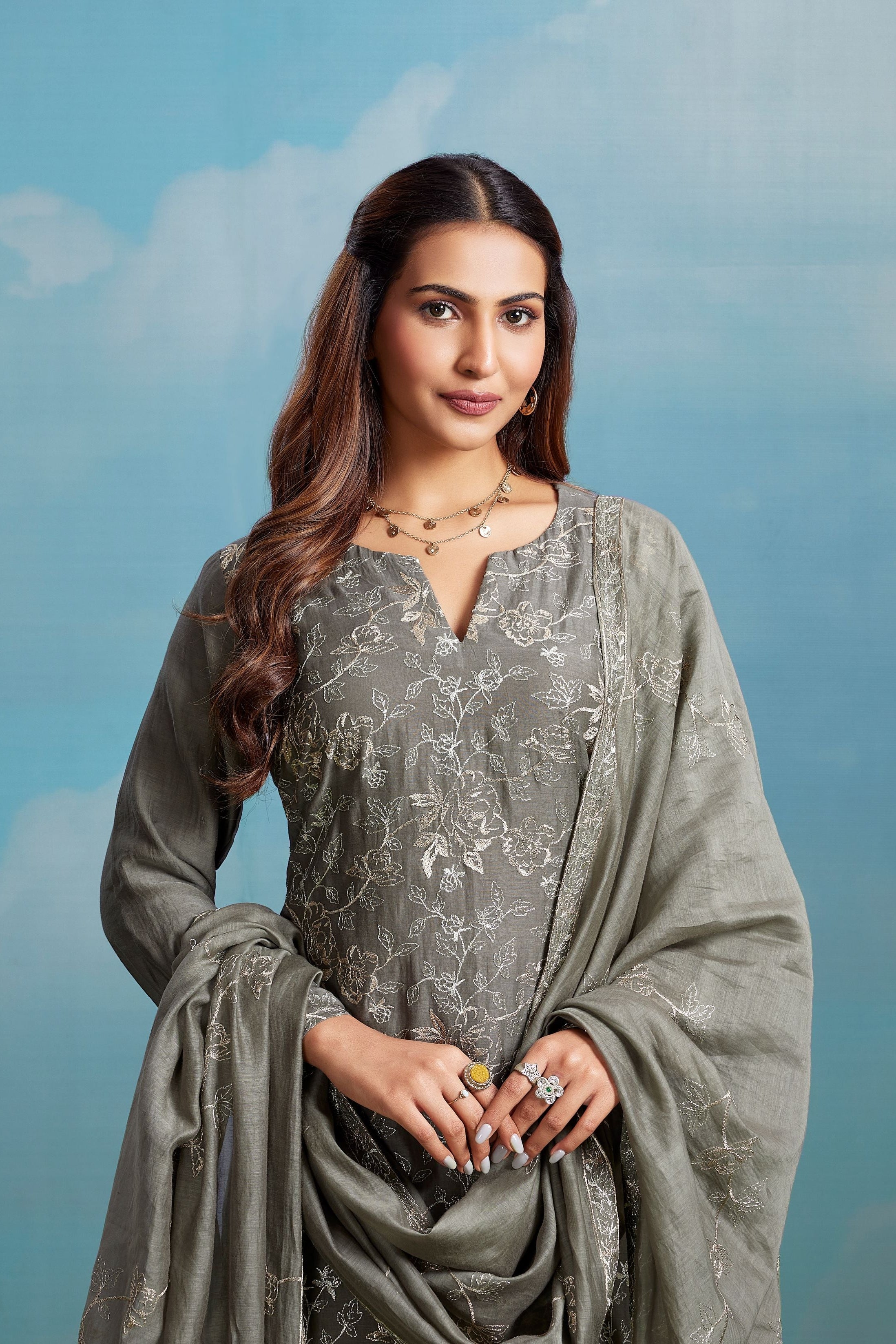 Sage Glimmer Embroidered Chanderi Silk Pant Set