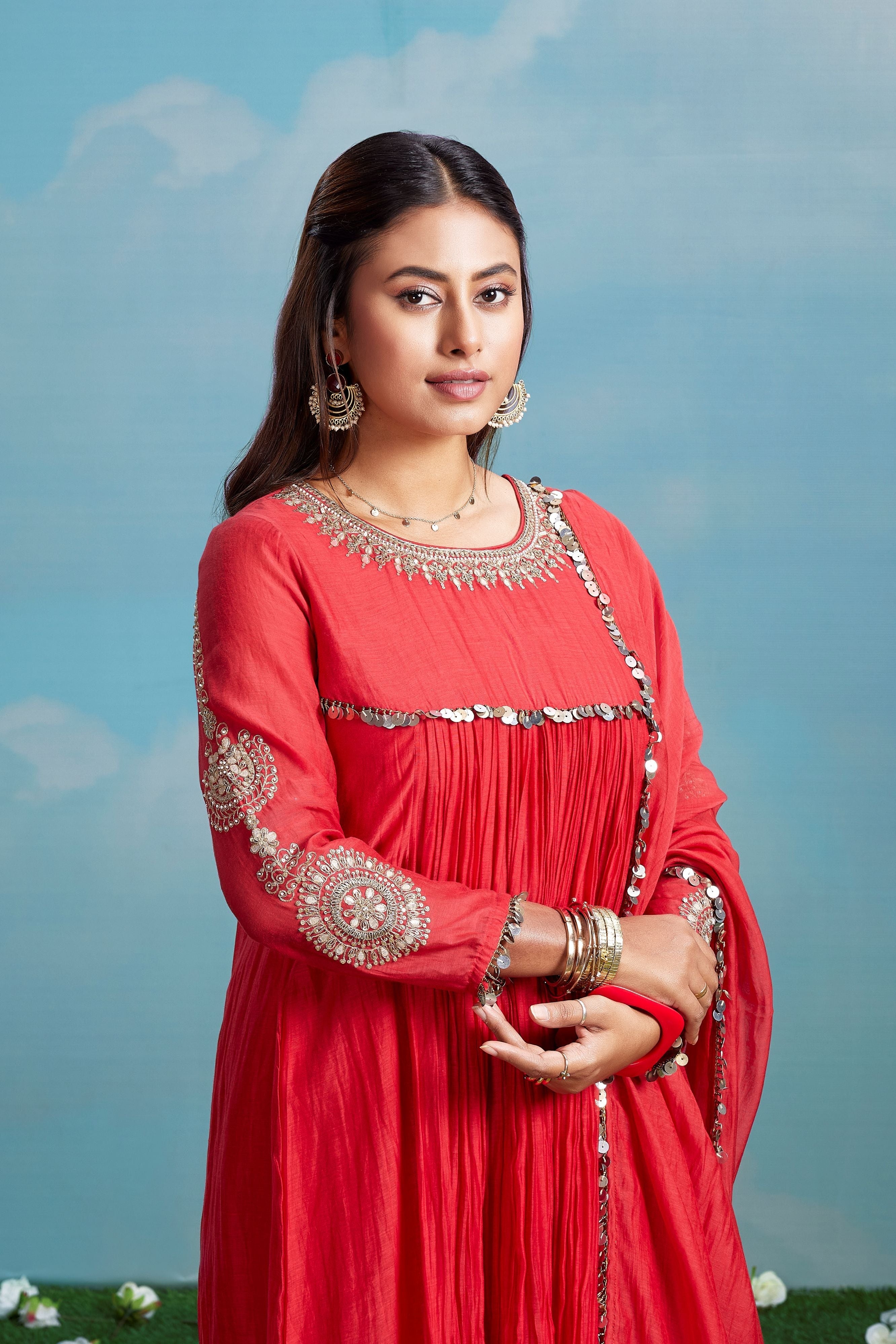 Crimson Glimmer Embellished Chanderi Silk Anarkali Set