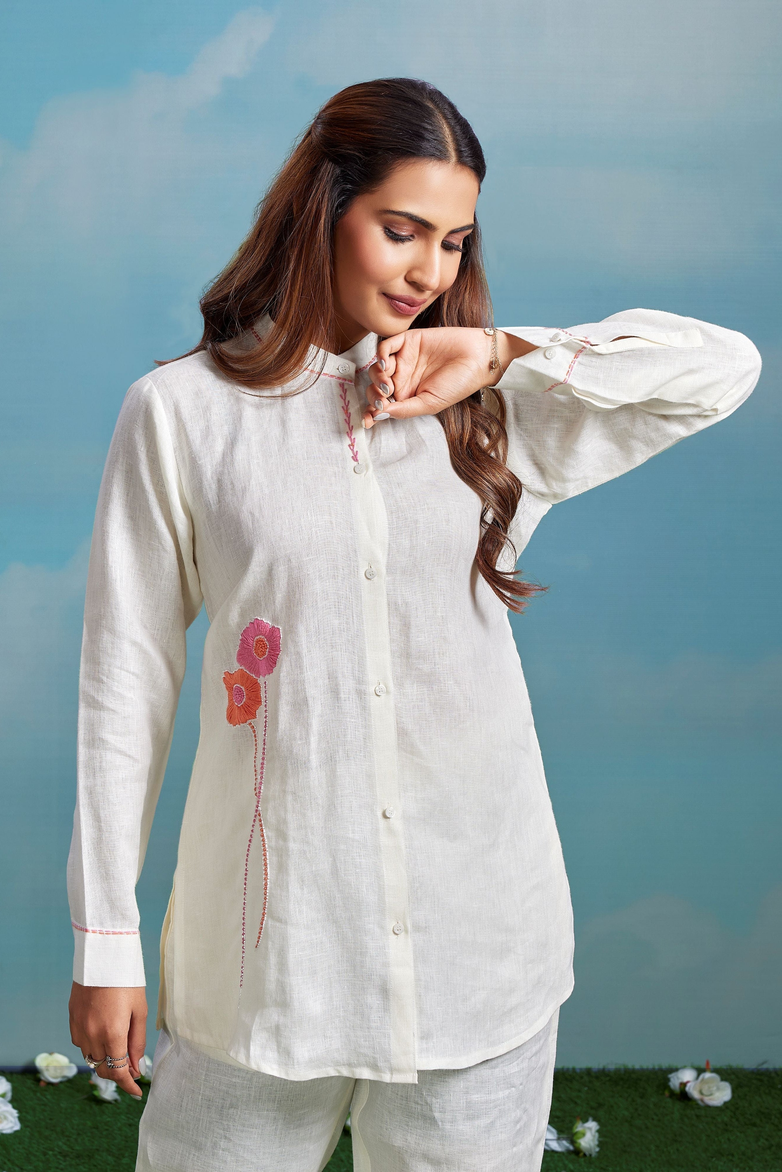 Pristine Ivory Embroidered Linen Co-Ord Set