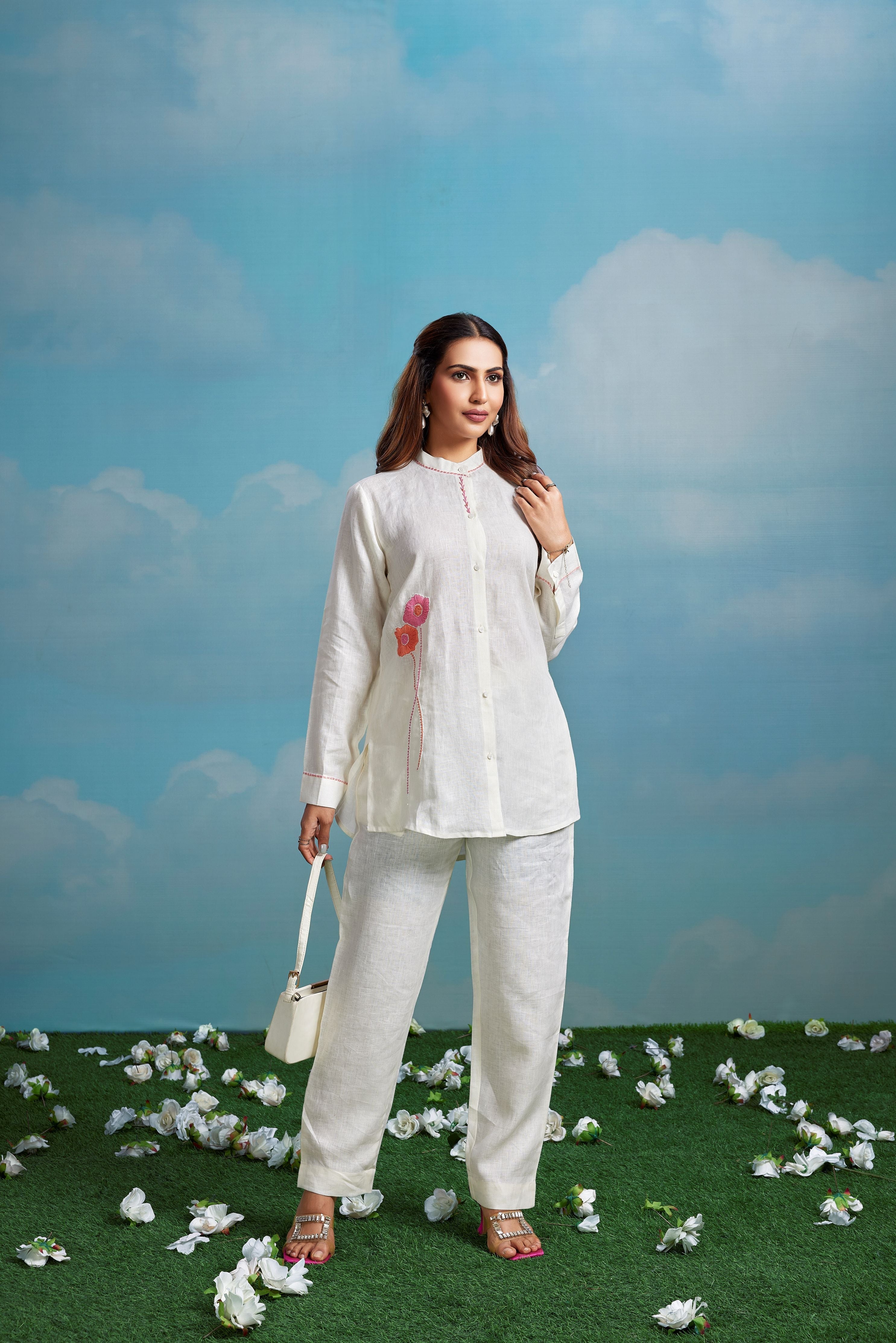 Pristine Ivory Embroidered Linen Co-Ord Set