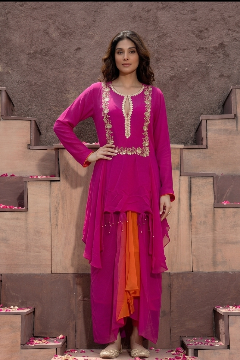 Magenta Pink Embellished Georgette Silk Skirt Set