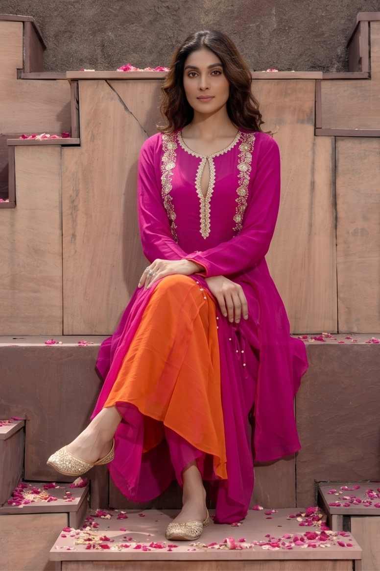 Magenta Pink Embellished Georgette Silk Skirt Set