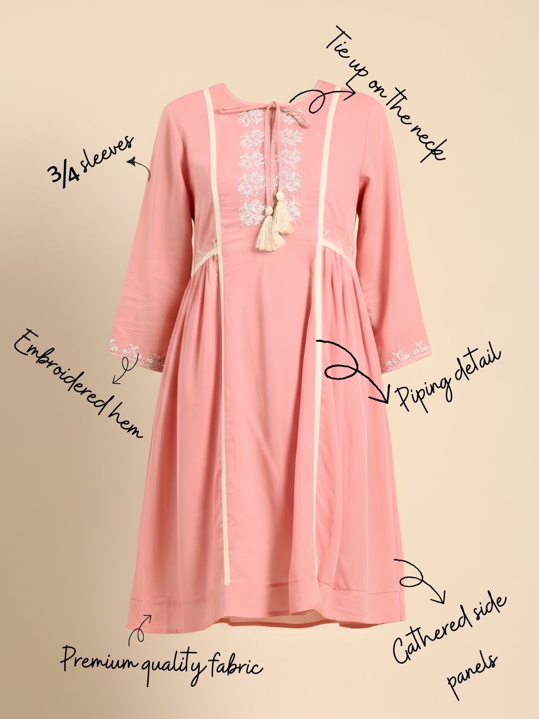 Soft Pink Embroidered Cotton Linen Dress S / Cotton Linen / Ready to Ship - By Pratap Sons