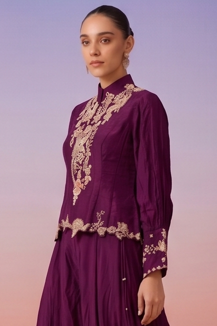 Regal Plum Embellished Crepe Satin Silk Palazzo Set