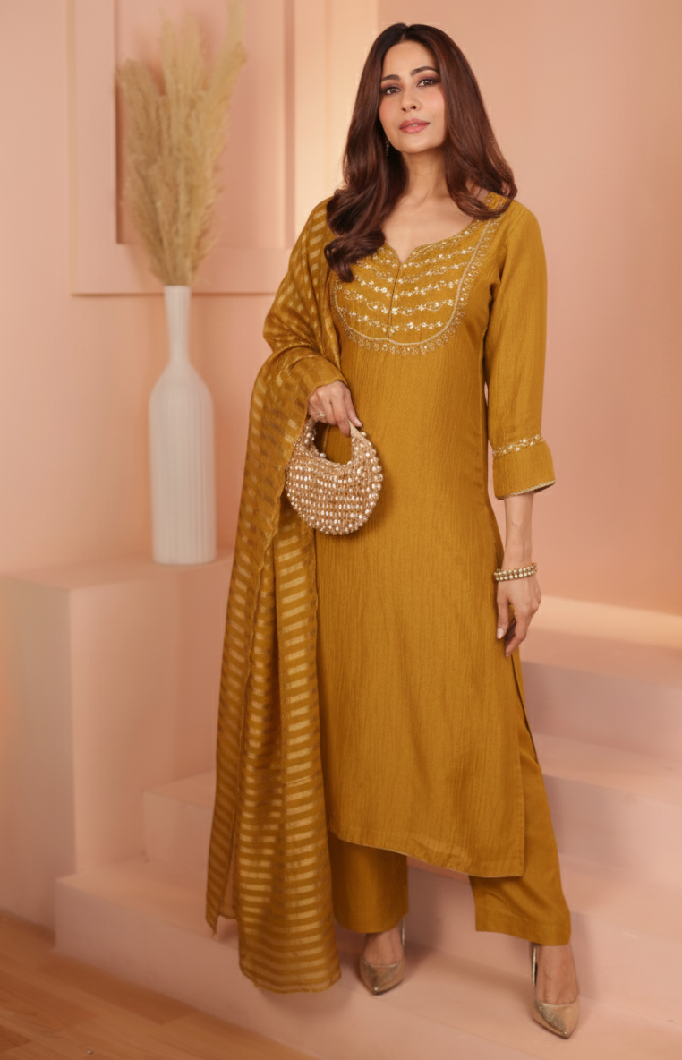 Golden Mustard Embroidered Crushed Tissue Silk Pant Set