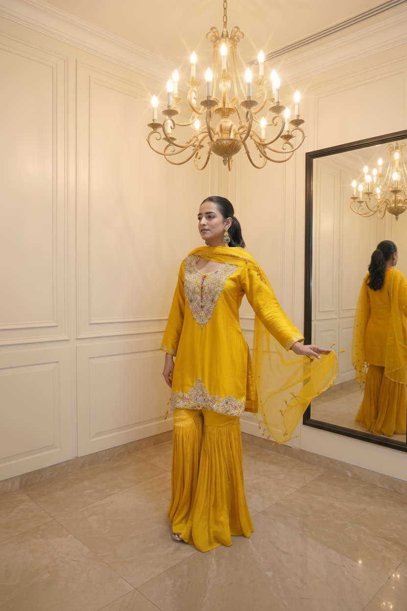 Sunlit Amber Embellished Raw Silk Sharara Set