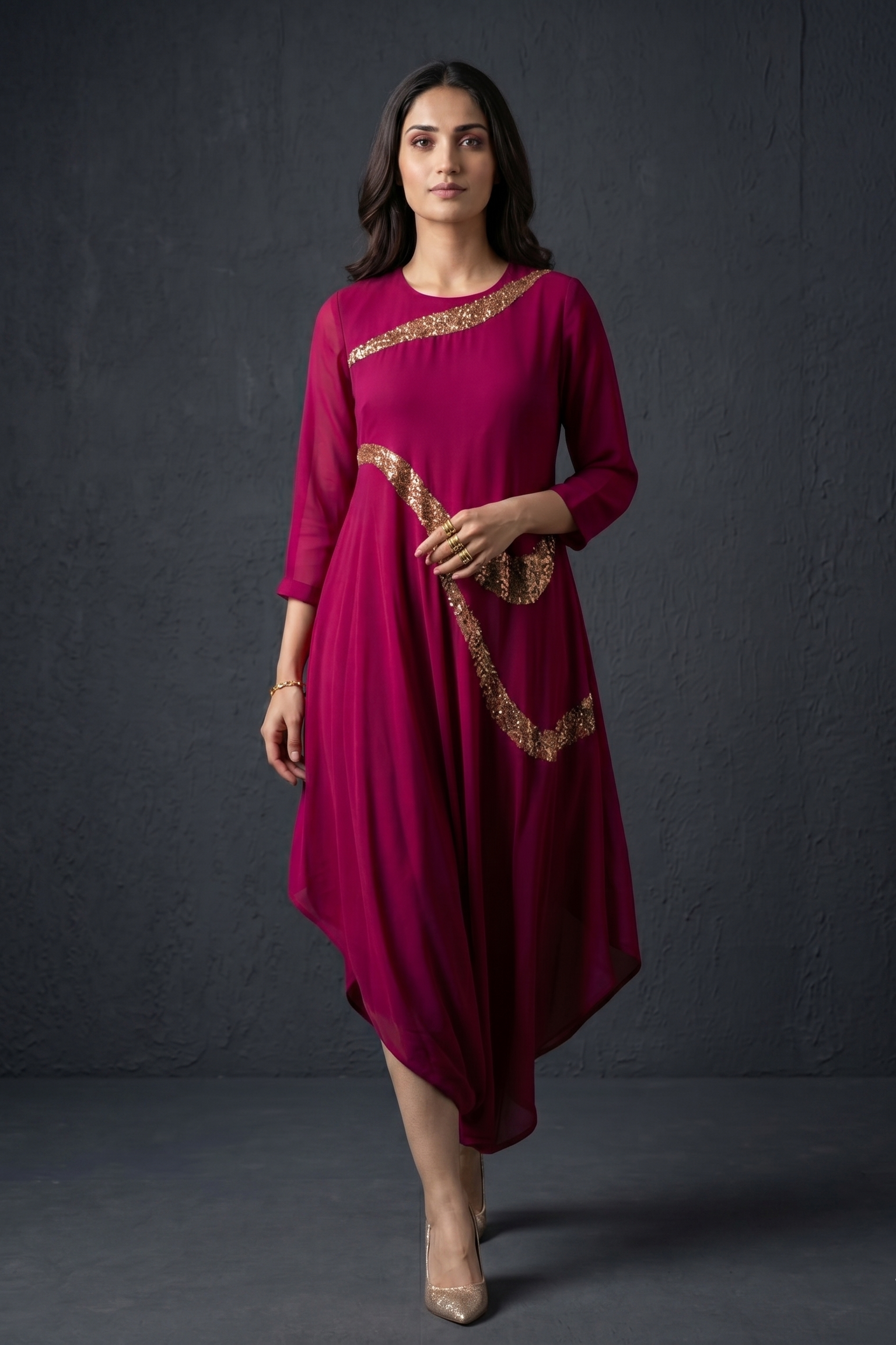 slim fit dress slacks Rosaline Plunge Maxi Dress, Magenta/Gold Small main image 1