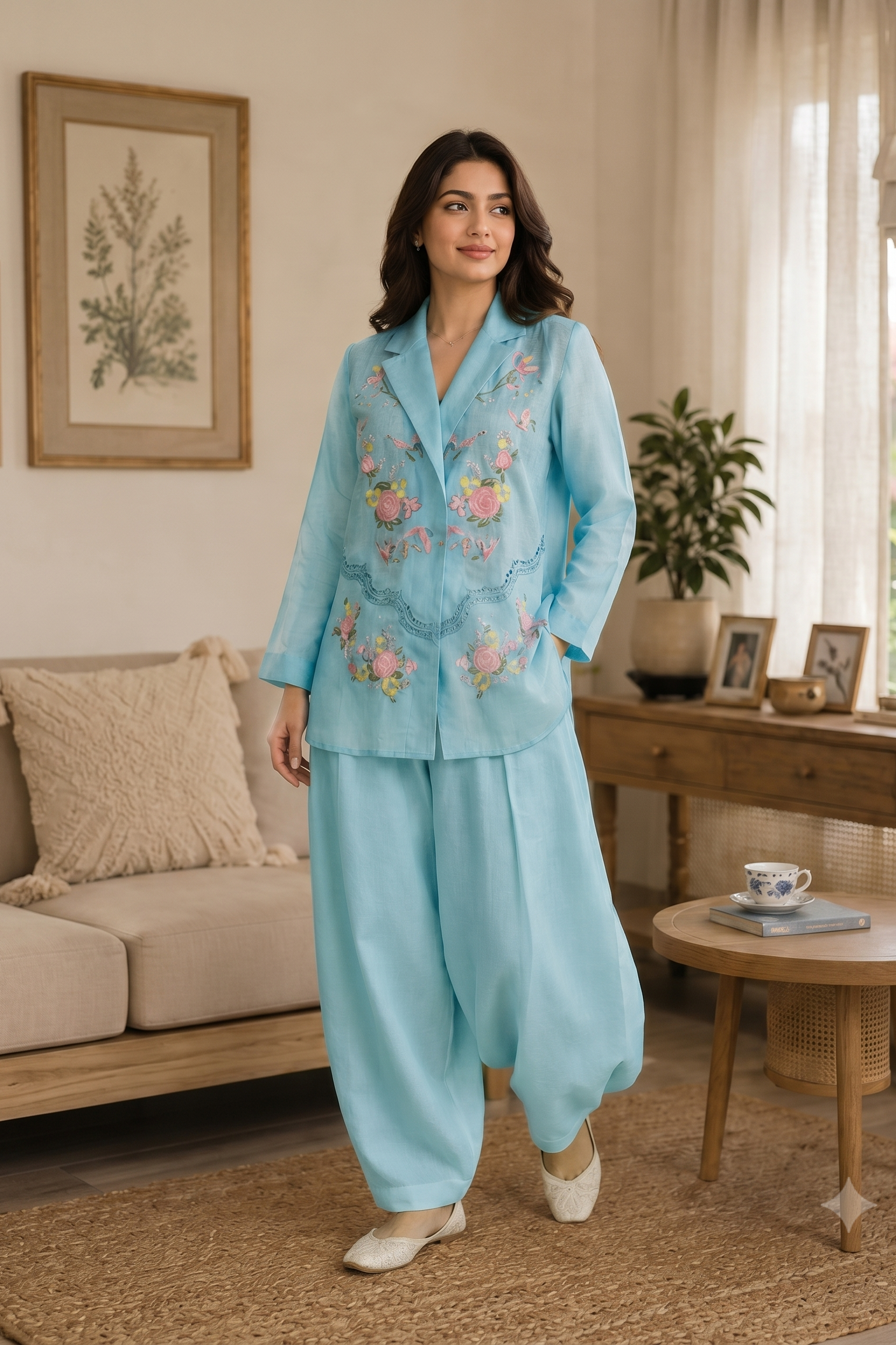 Cerene Blue Embroidered Linen Co-Ord Set