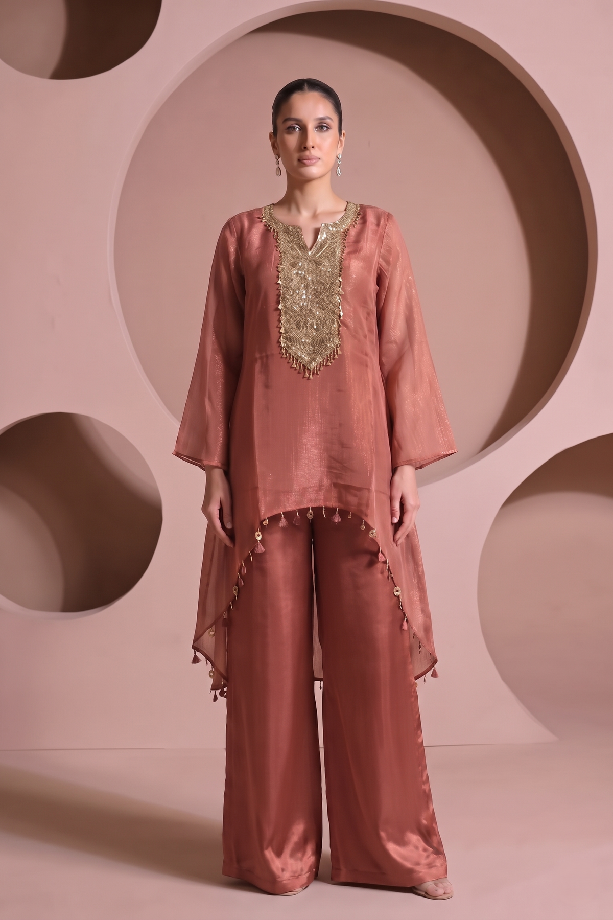Coral Pink Embellished Tissue Silk Co-Ord Set