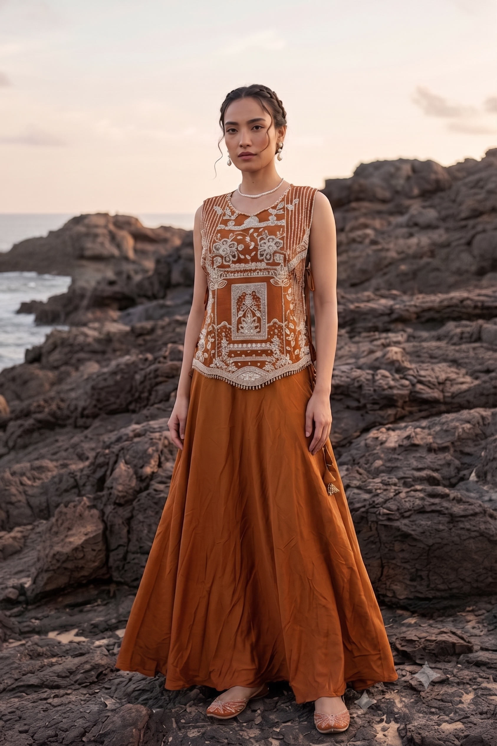 Bright Orange Embellished Tissue Silk Skirt Set