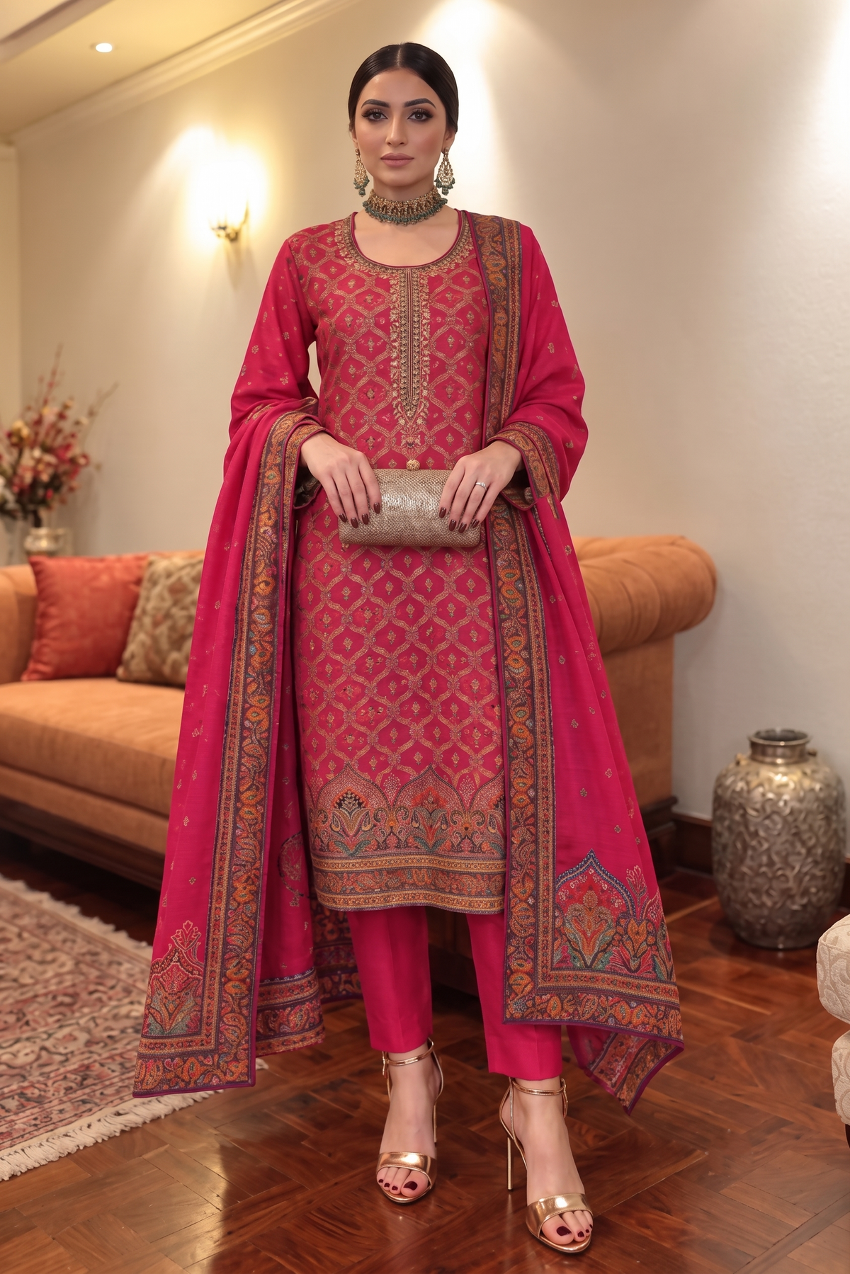 Vibrant Fuchsia Paisley Premium Silk Suit Set