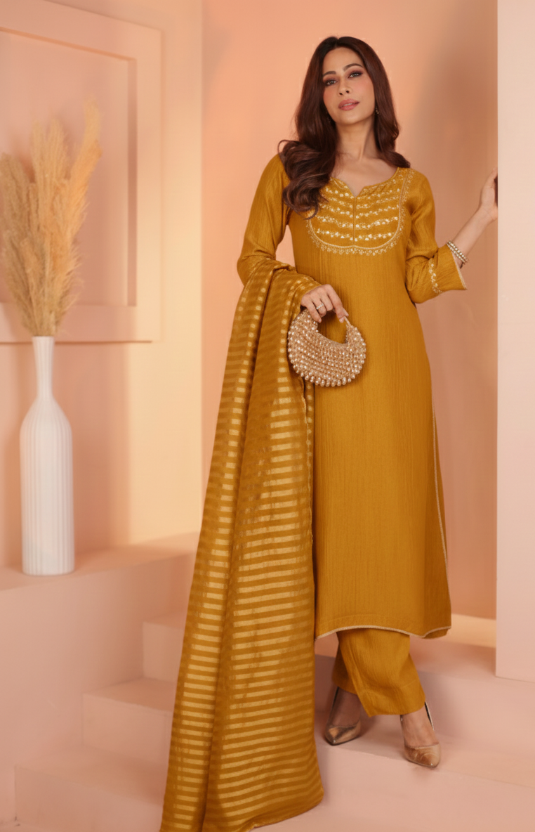 Golden Mustard Embroidered Crushed Tissue Silk Pant Set