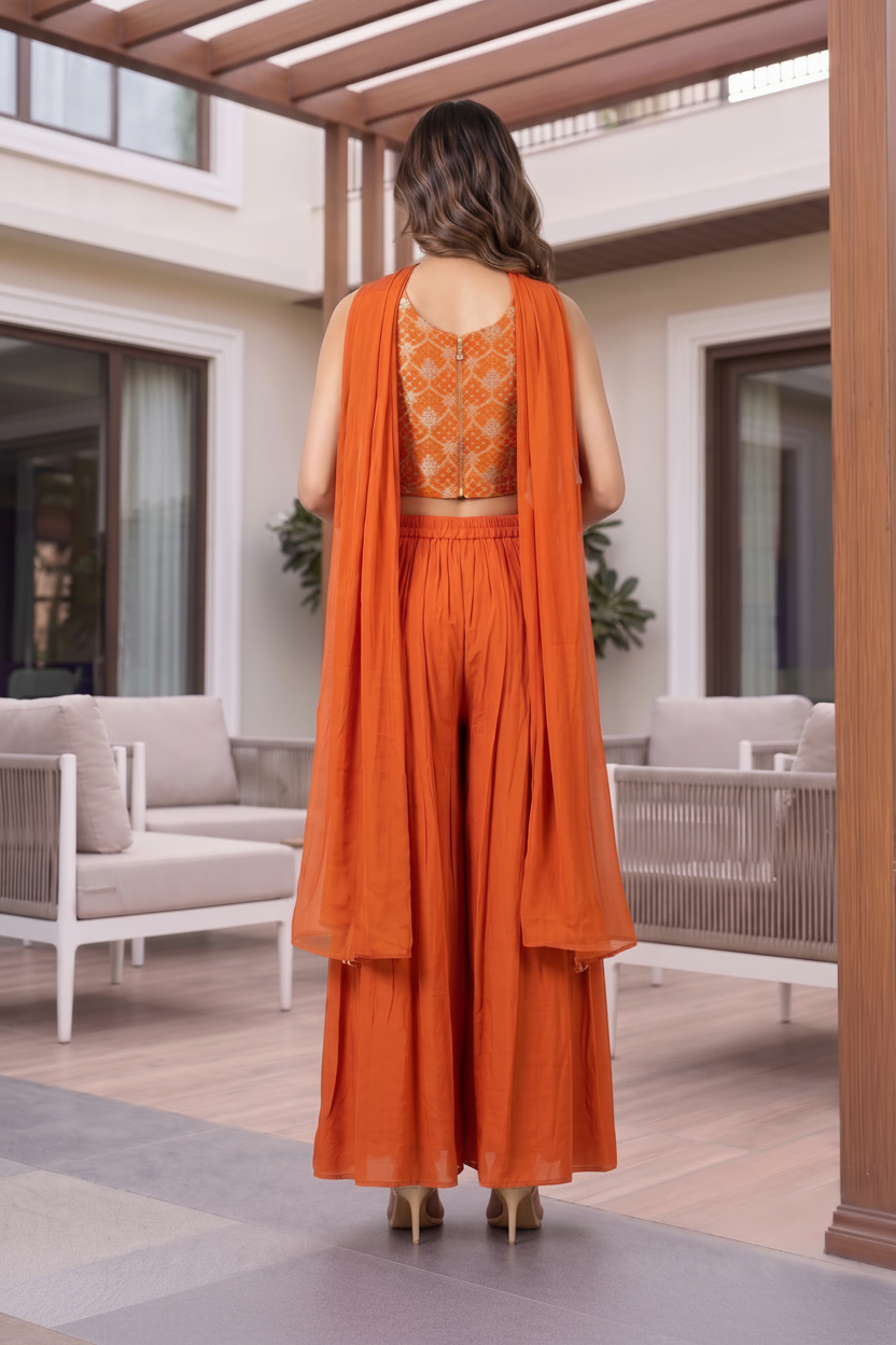 Rust Orange Embellished Crepe Silk Palazzo Set