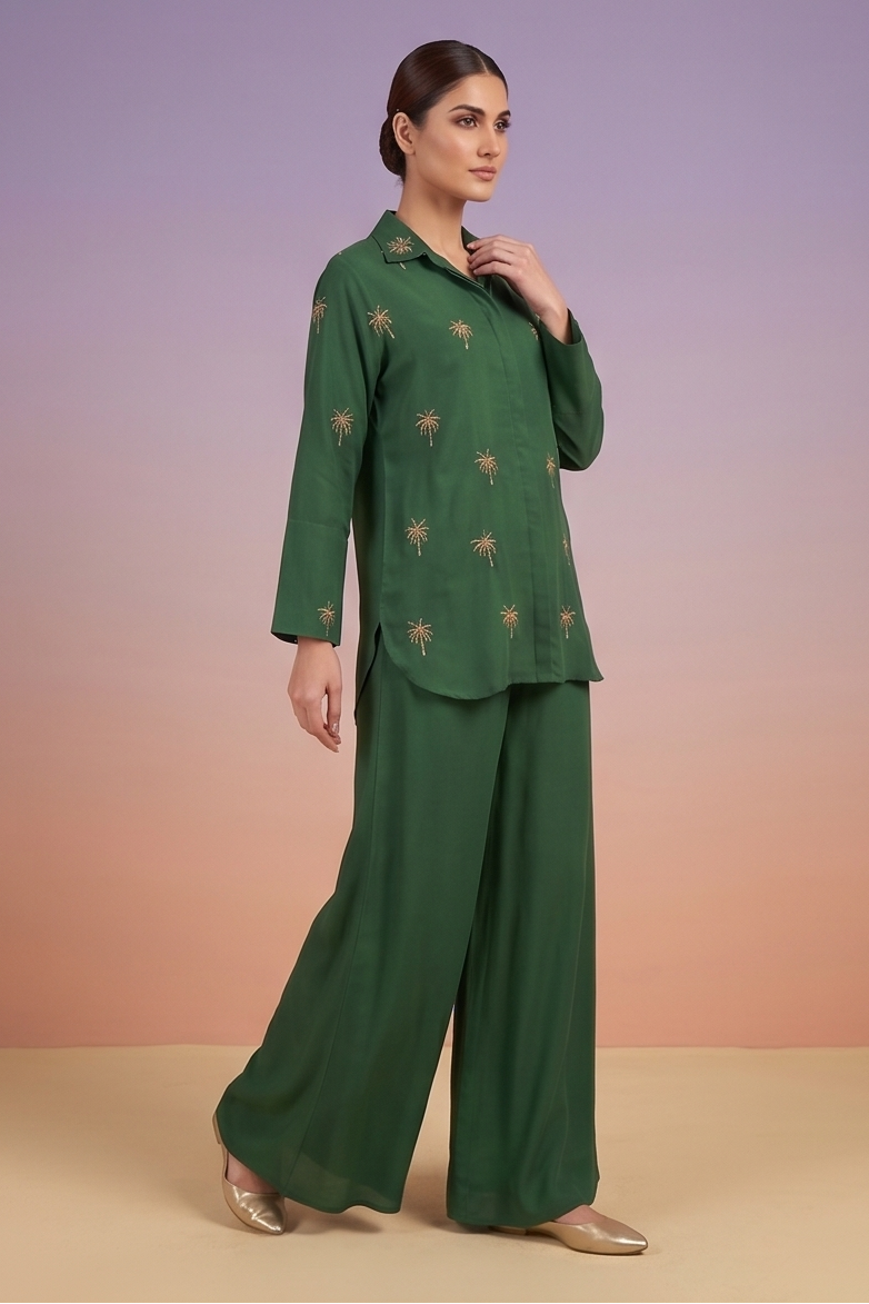 Emerald Green Embellished Crepe Silk Co-Ord Set