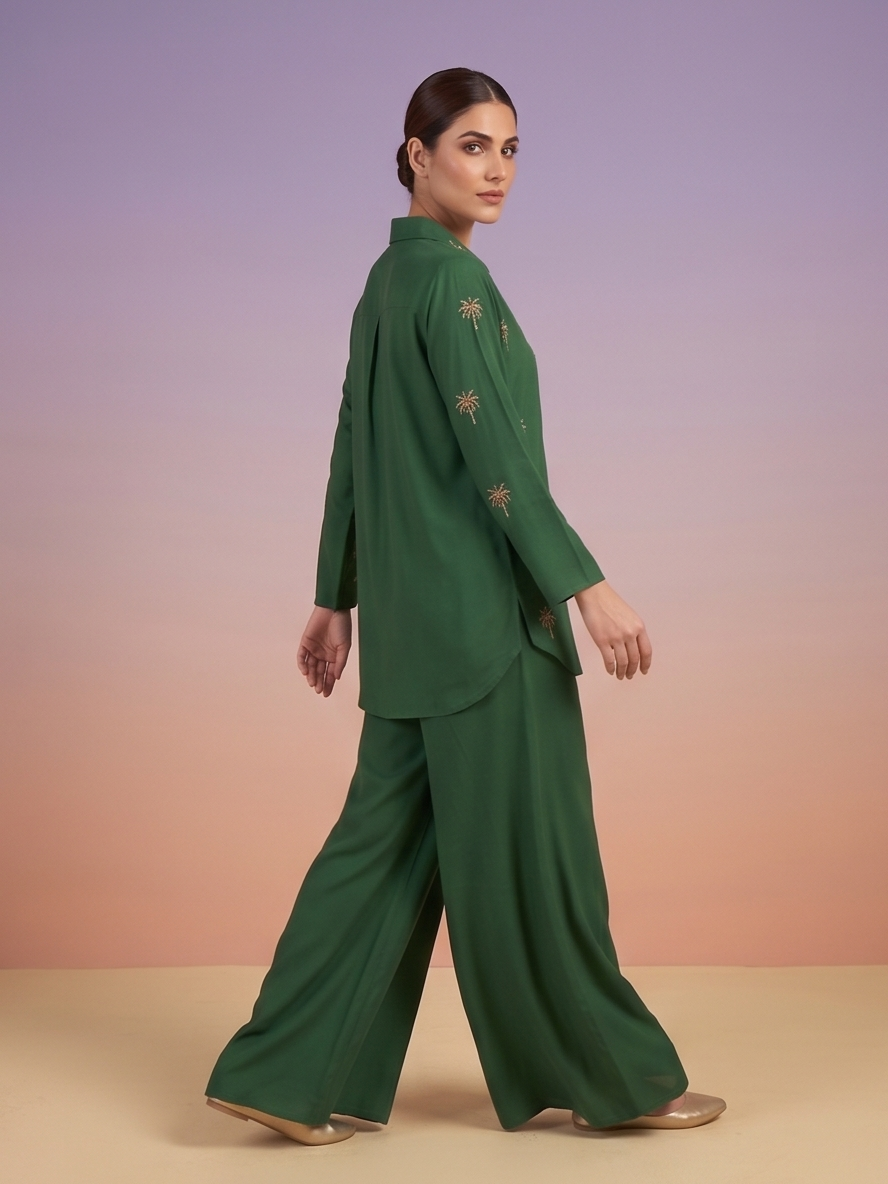 Emerald Green Embellished Crepe Silk Co-Ord Set