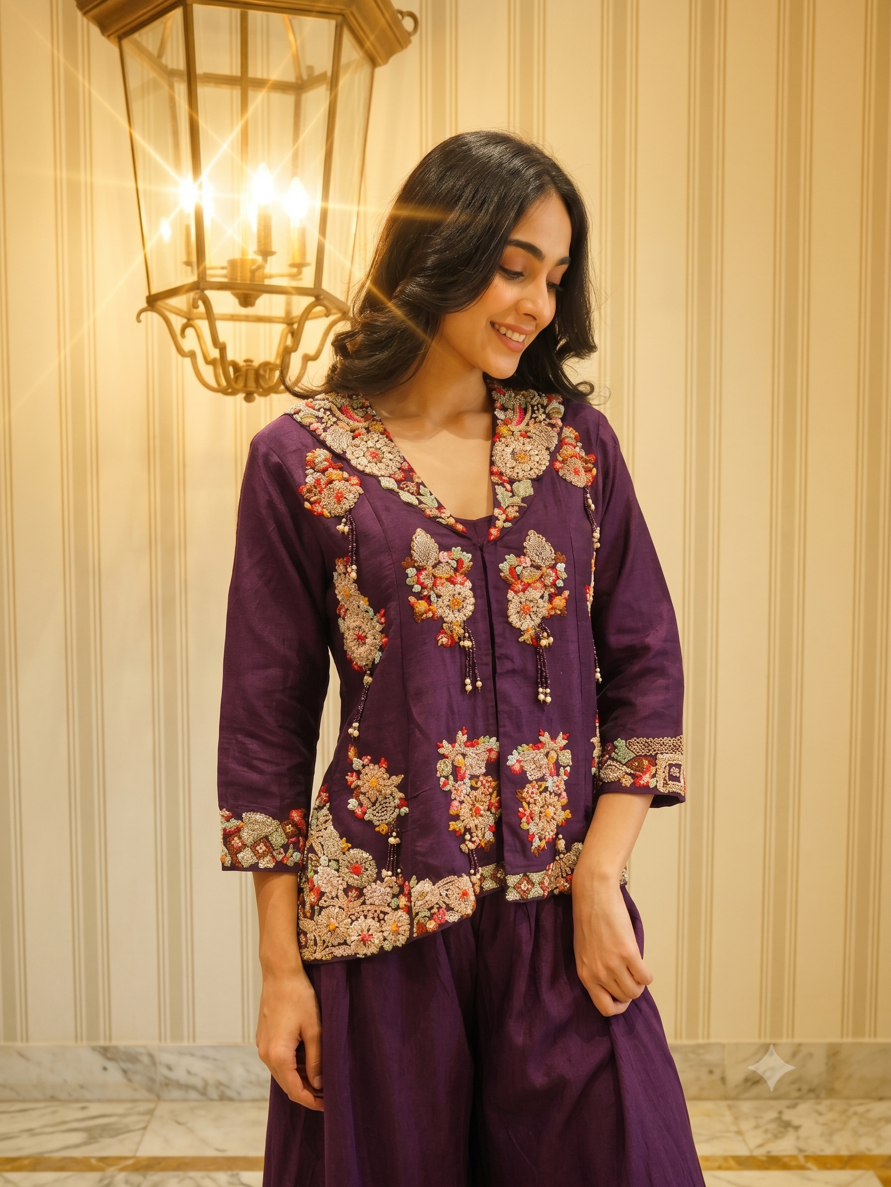 Deep Aubergine Embroidered Raw Silk Sharara Set