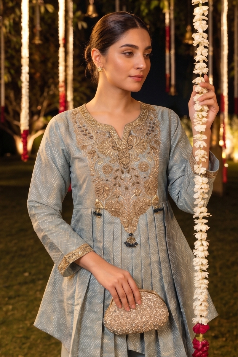Baby Blue Embellished Brocade Silk Palazzo Set
