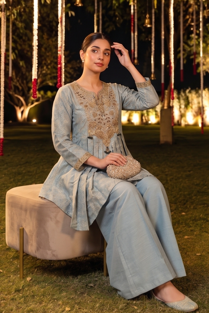 Baby Blue Embellished Brocade Silk Palazzo Set