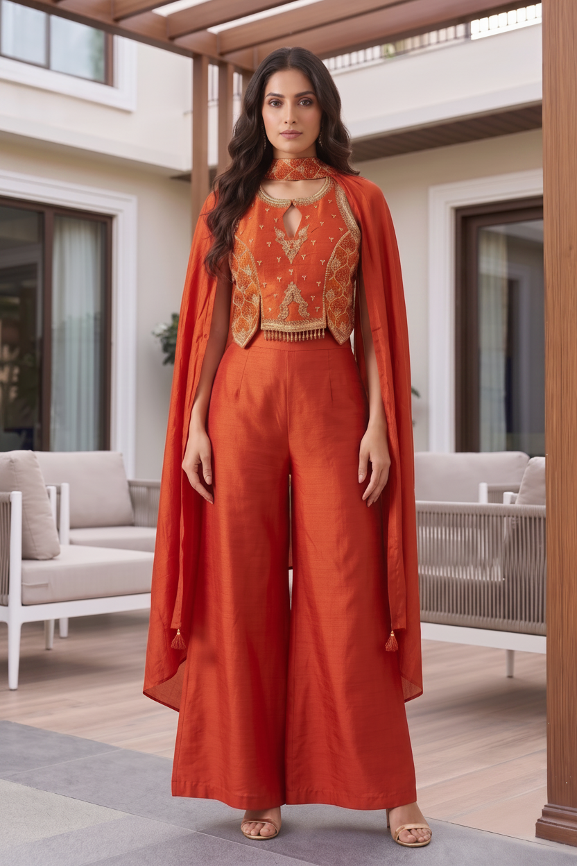 Rust Orange Embellished Crepe Silk Palazzo Set