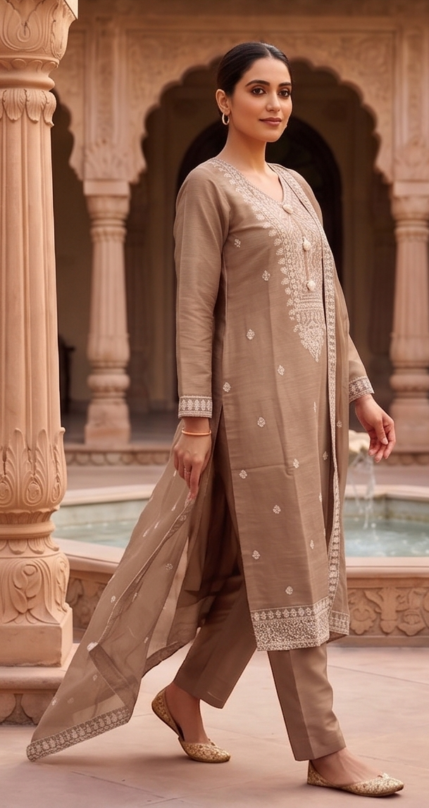 Taupe Embroidered Mul-Chanderi Silk Pant Set