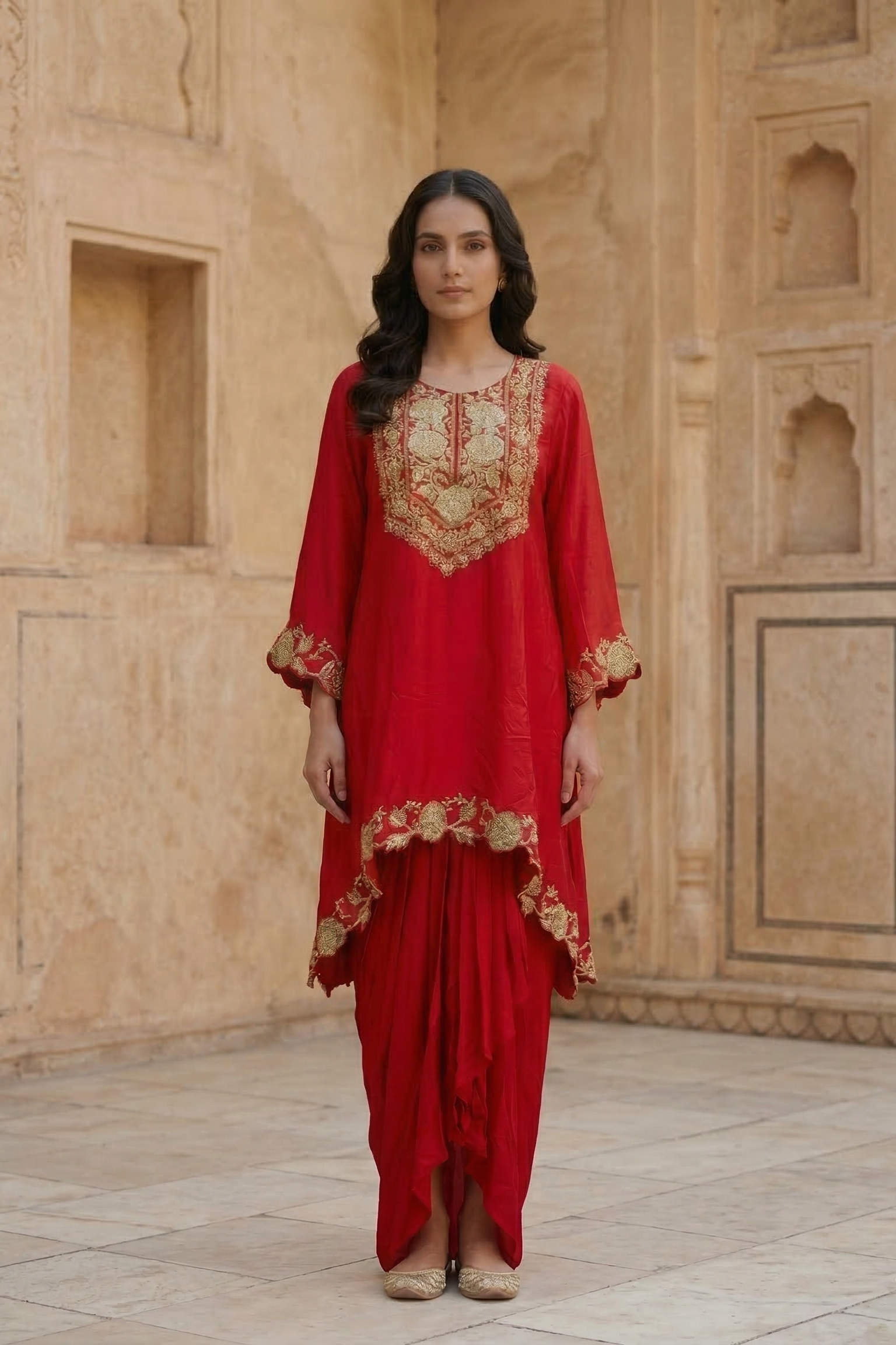 Blood Red Embroidered Raw Silk Skirt Set