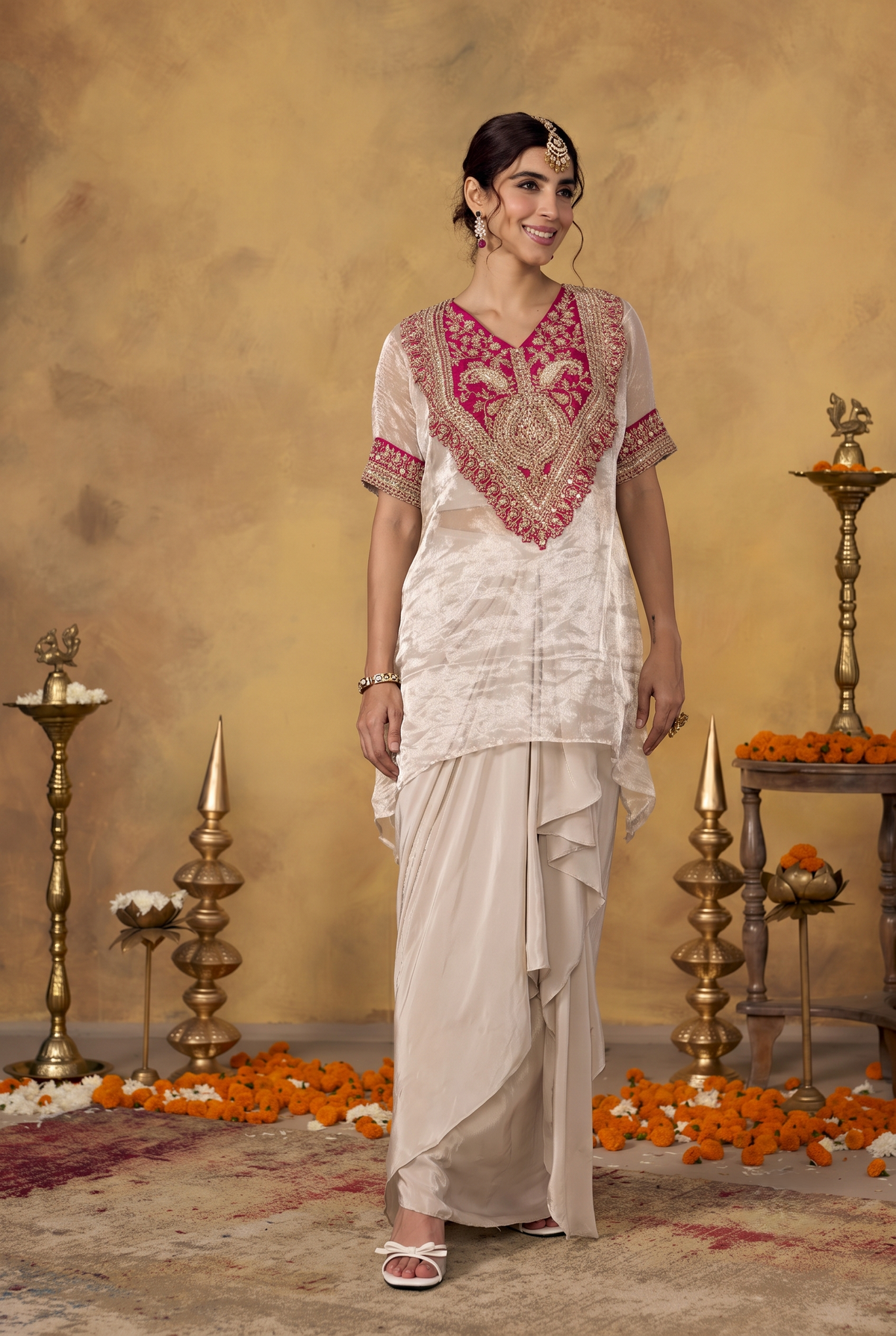 Champagne Pink Embellished Crepe Silk Skirt Set