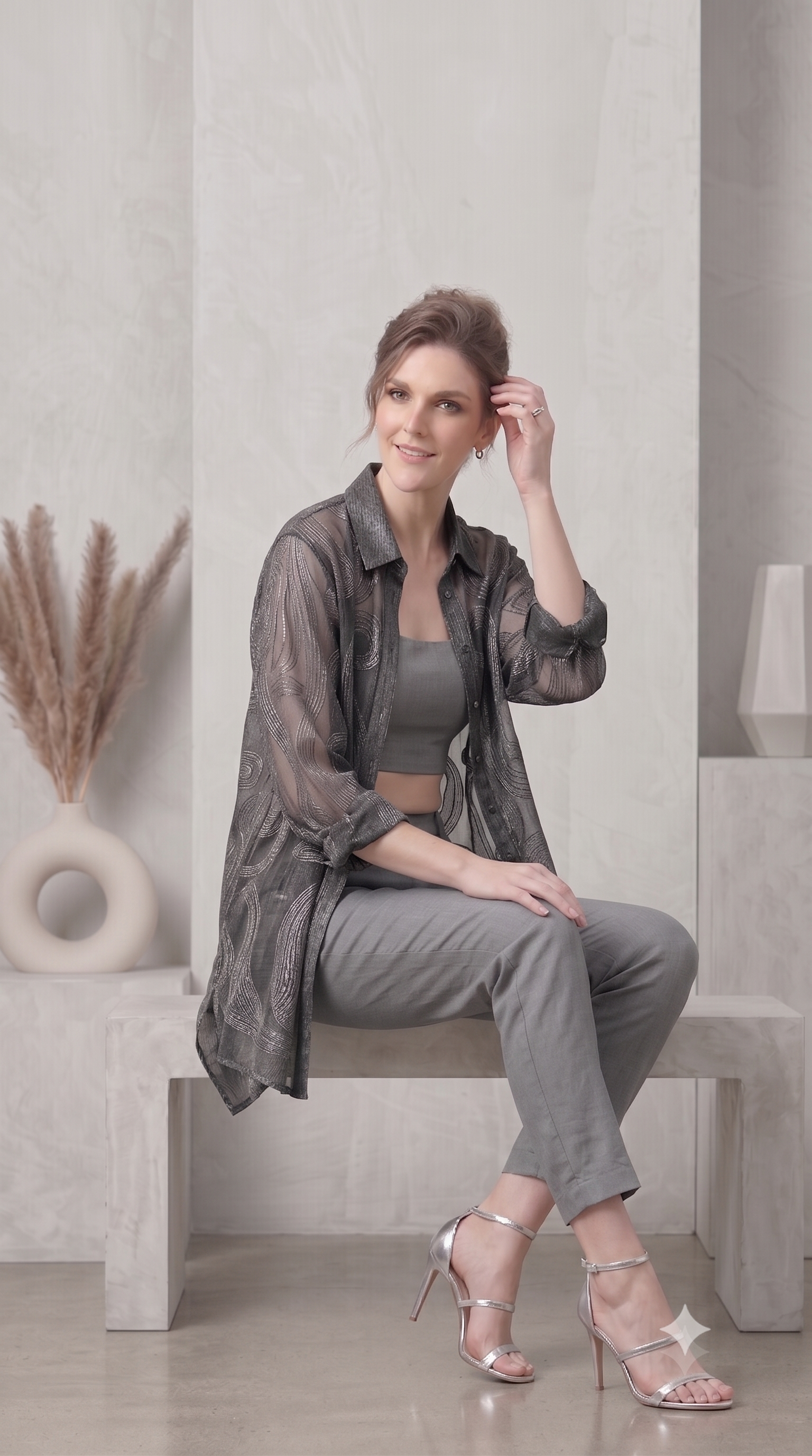Sterling Grey Embroidered Organza Silk Co-Ord Set