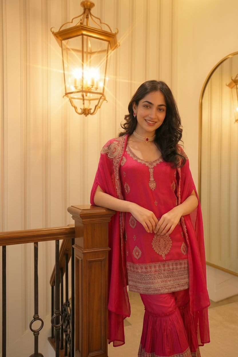 Ruby Pink Embellished Raw Silk Sharara Set