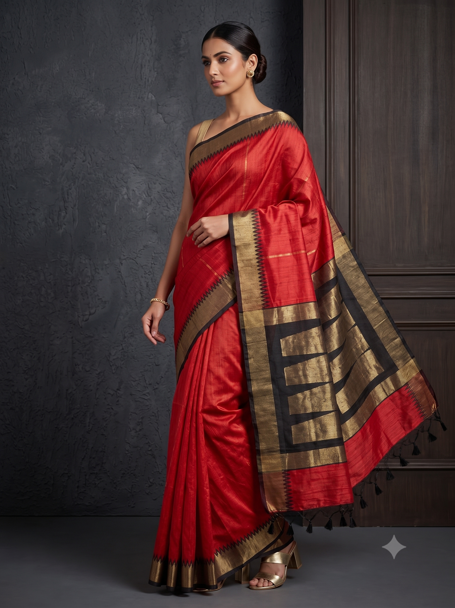 Vibrant Red Zari Handloom Tussar Silk Saree