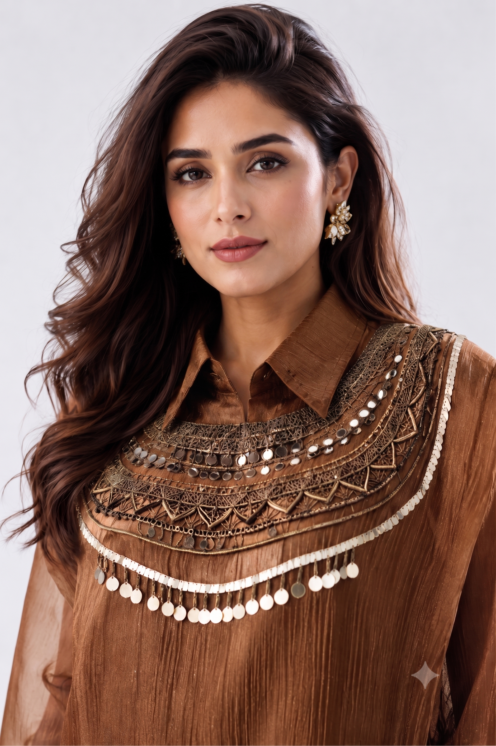 Bronze Elegance Embellished Tissue Silk Co-Ord Set