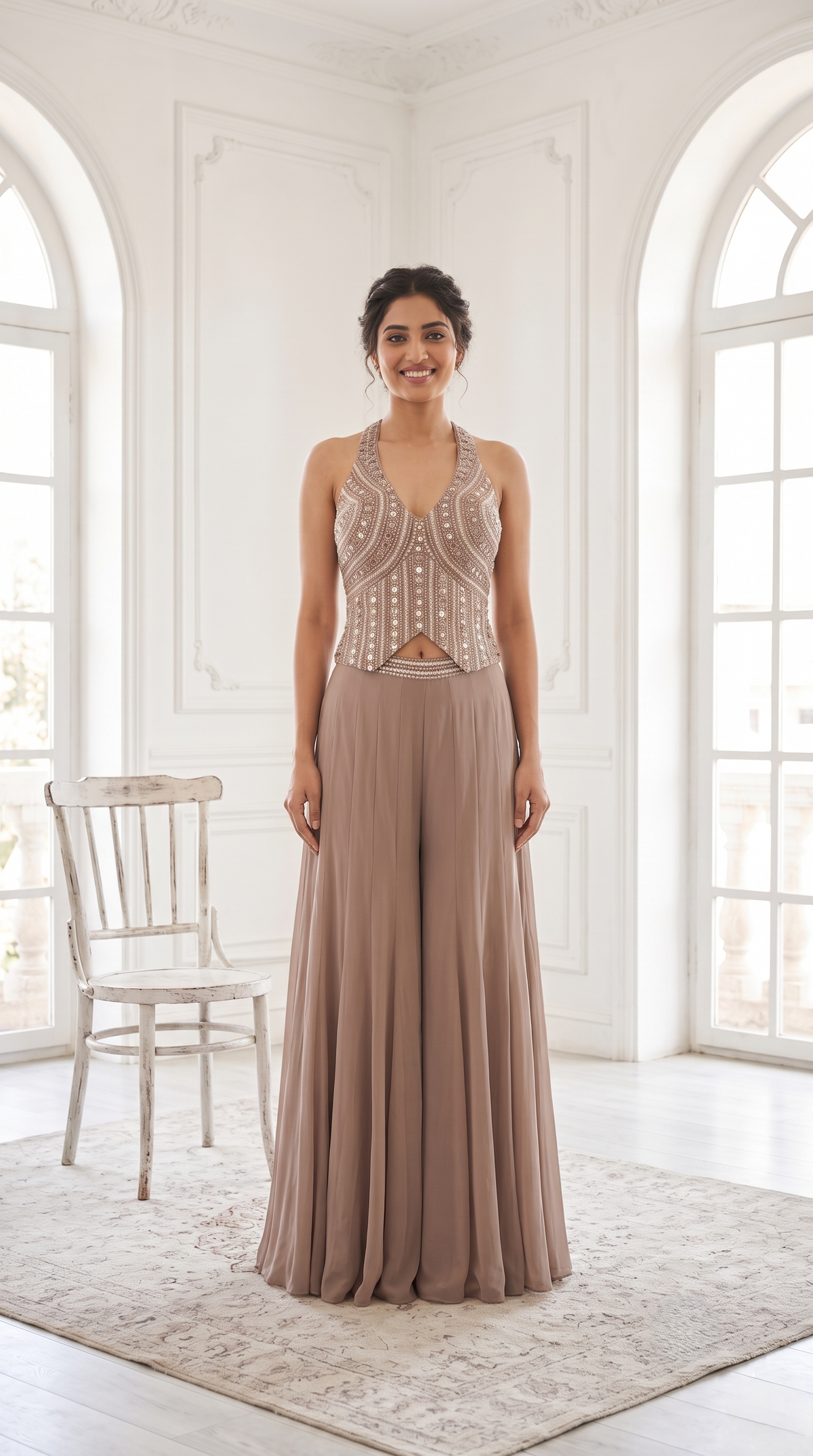 Soft Taupe Embellished Premium Georgette Palazzo Set