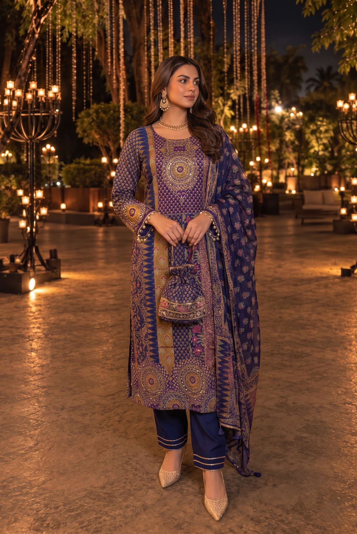 Royal Blue Embellished Crepe Silk Pant Set