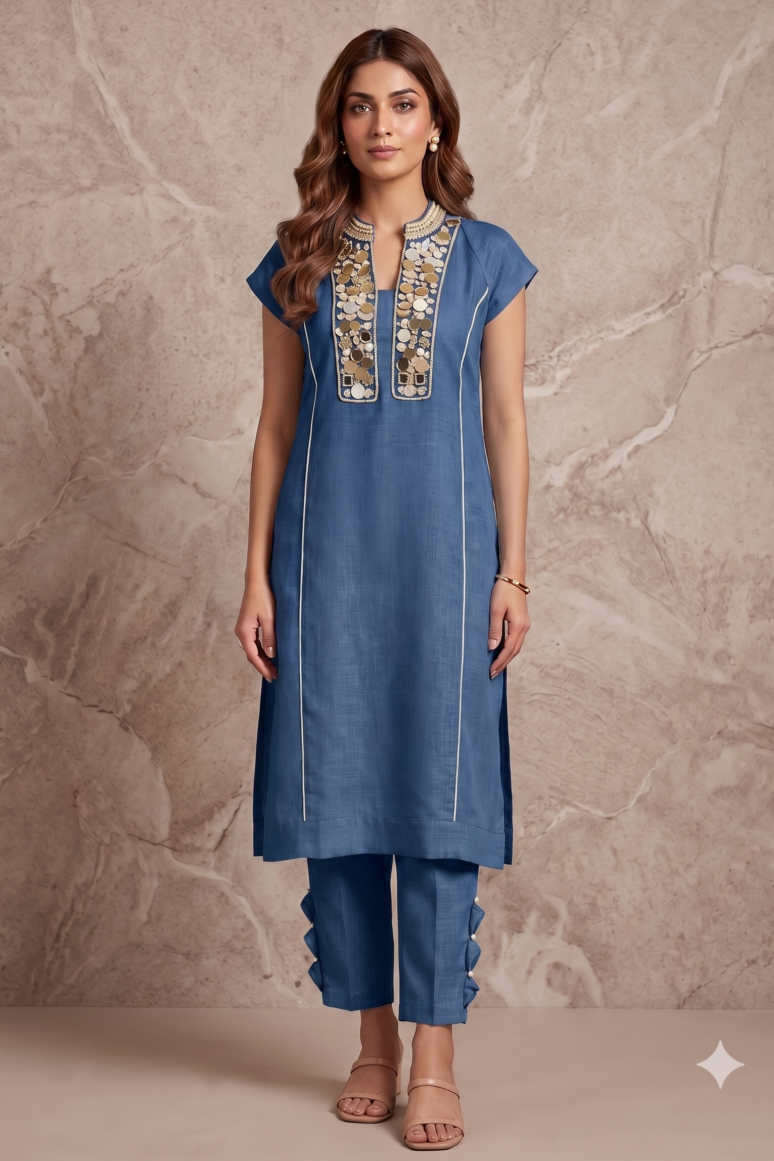 Denim Pearl Embellished Cotton Linen Pant Set
