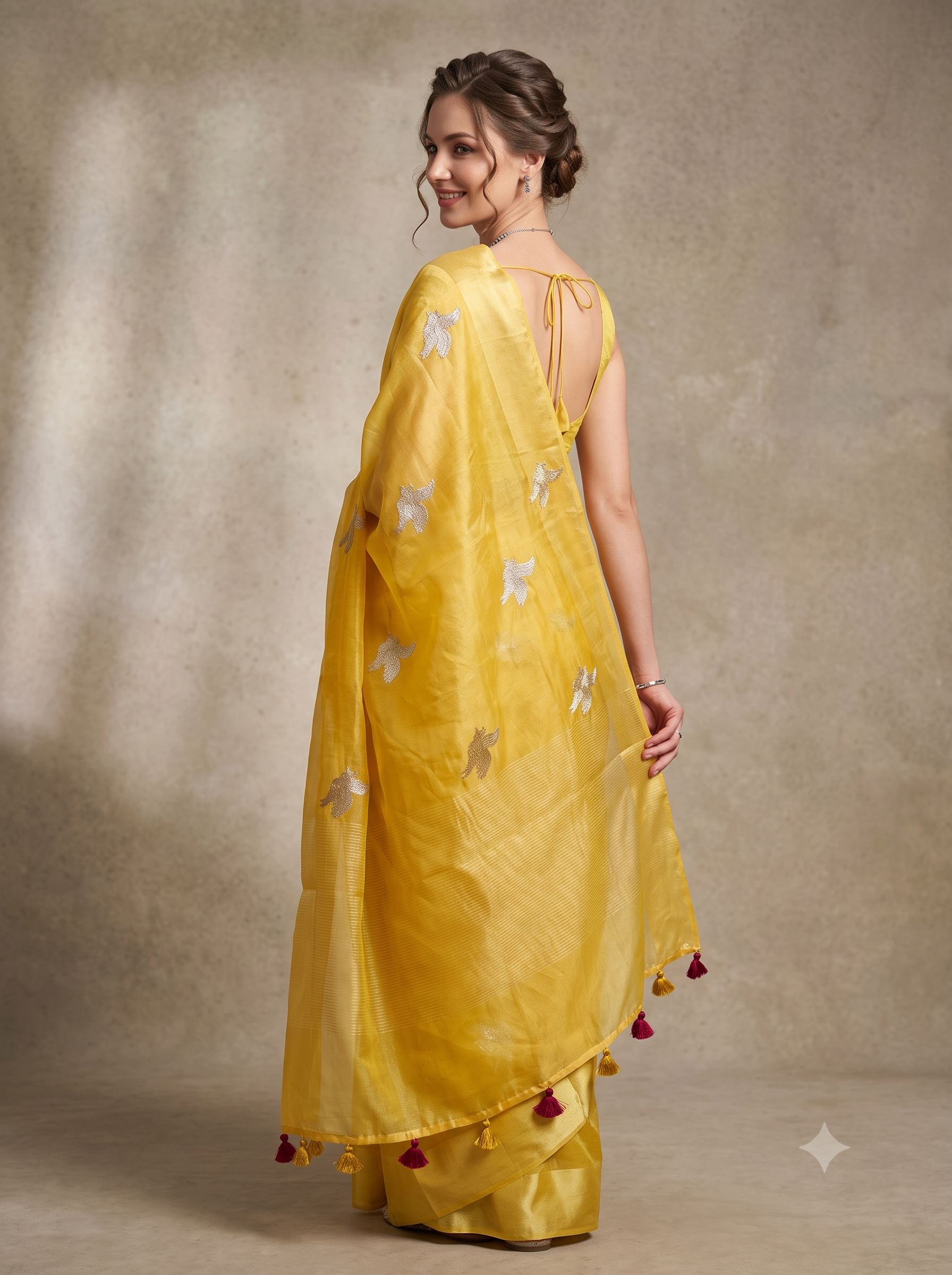 Bright Yellow Embroidered Organza Silk Saree