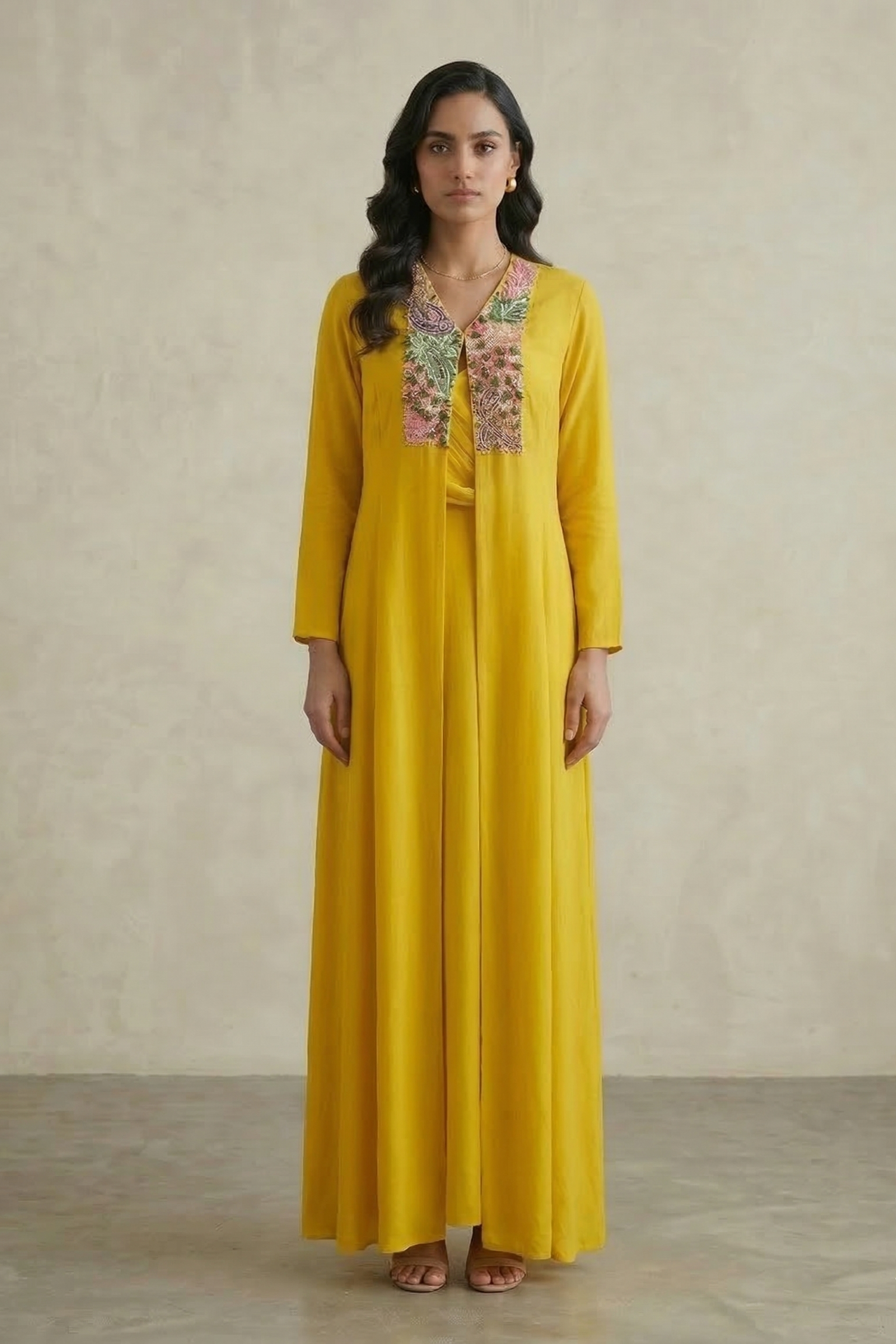 Mustard Yellow Embellished Chinon Silk Jacket Gown Set