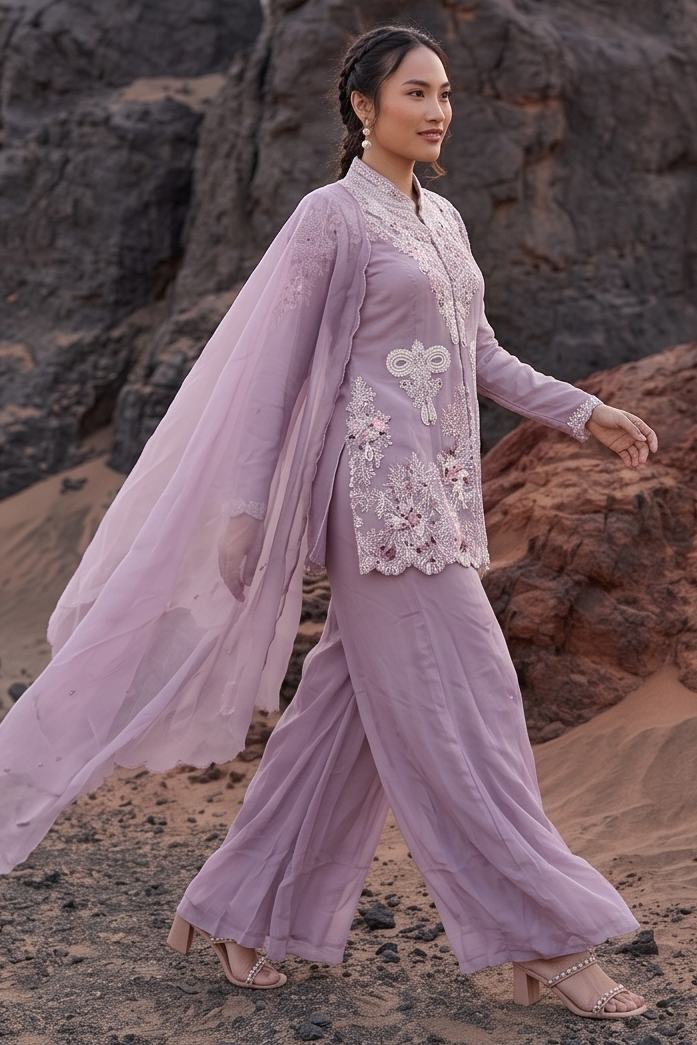 Lavender Embellished Organza Silk Palazzo Set