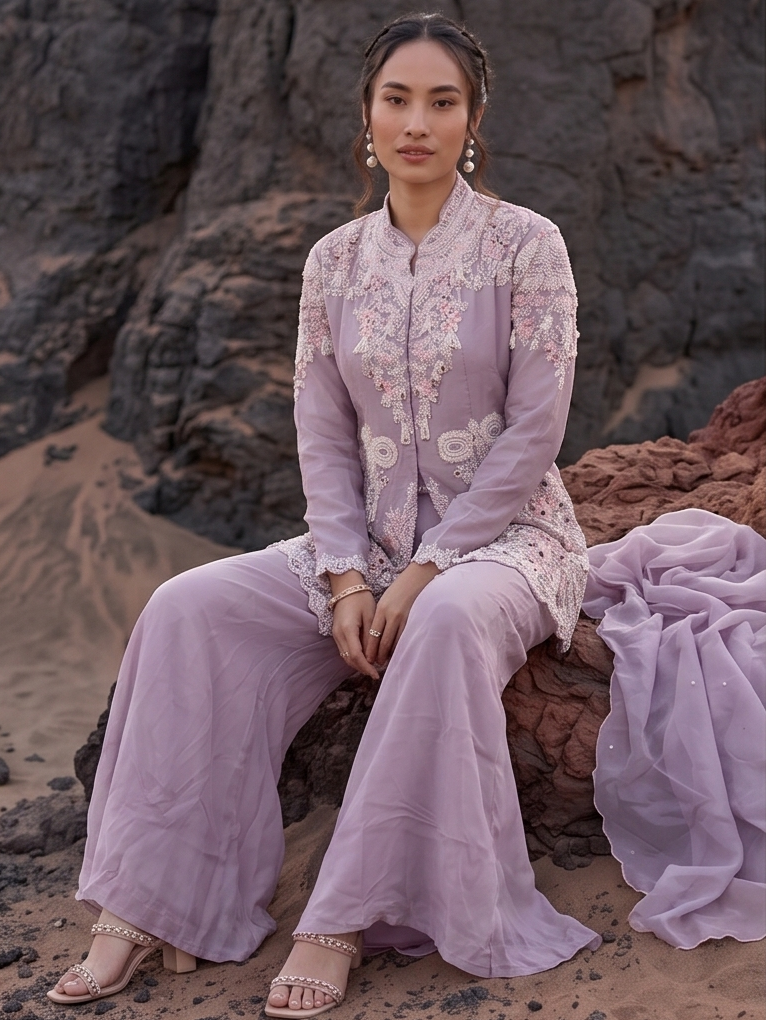 Lavender Embellished Organza Silk Palazzo Set