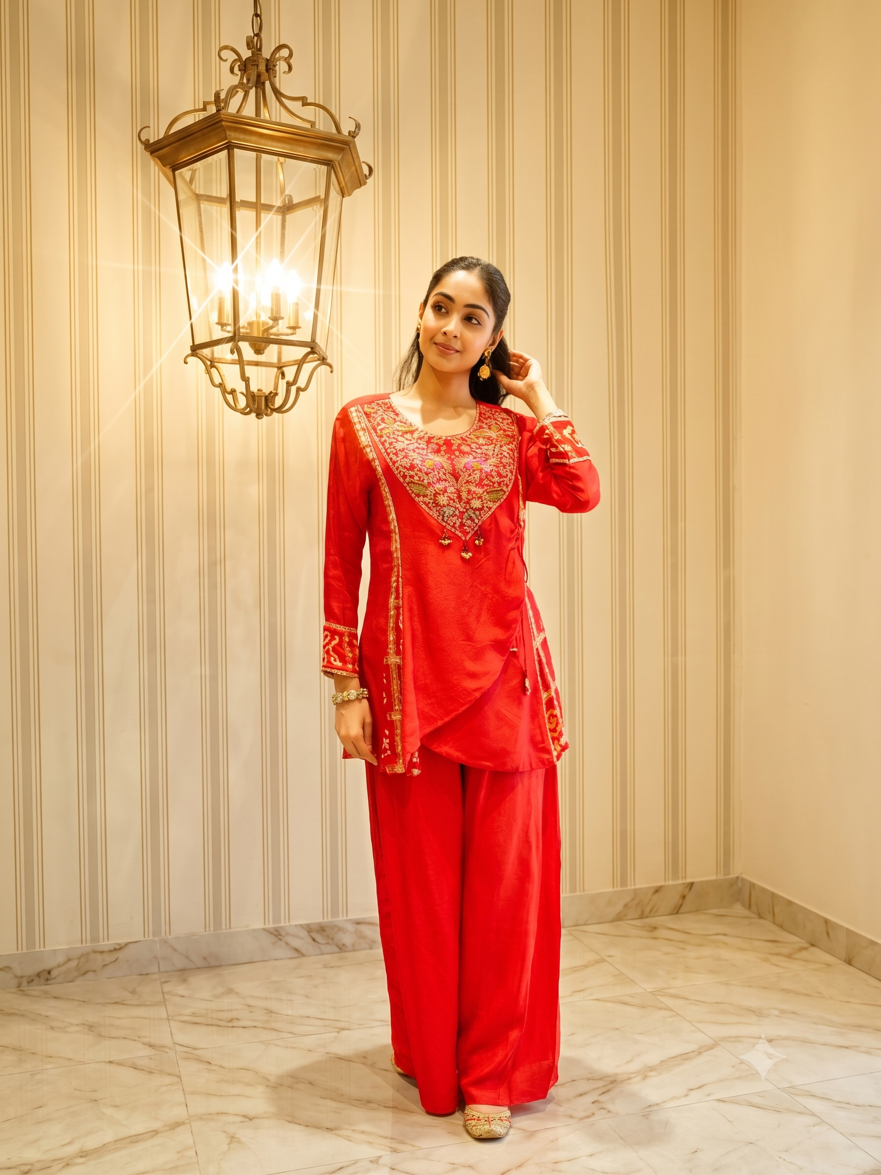 Vermilion Embellished Raw Silk Palazzo Set