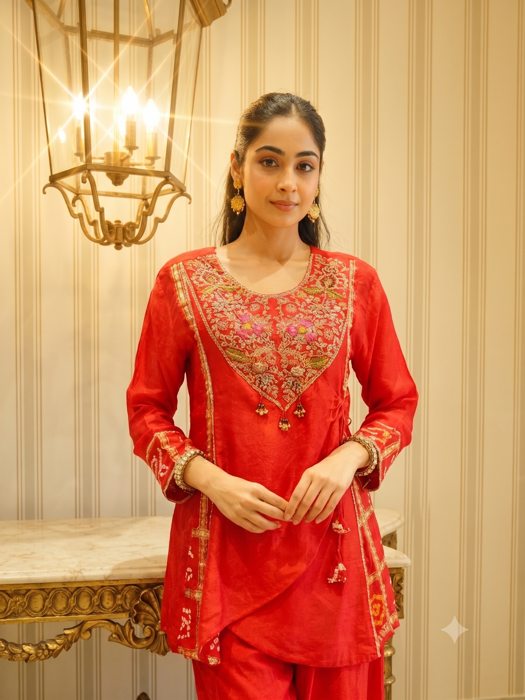 Vermilion Embellished Raw Silk Palazzo Set