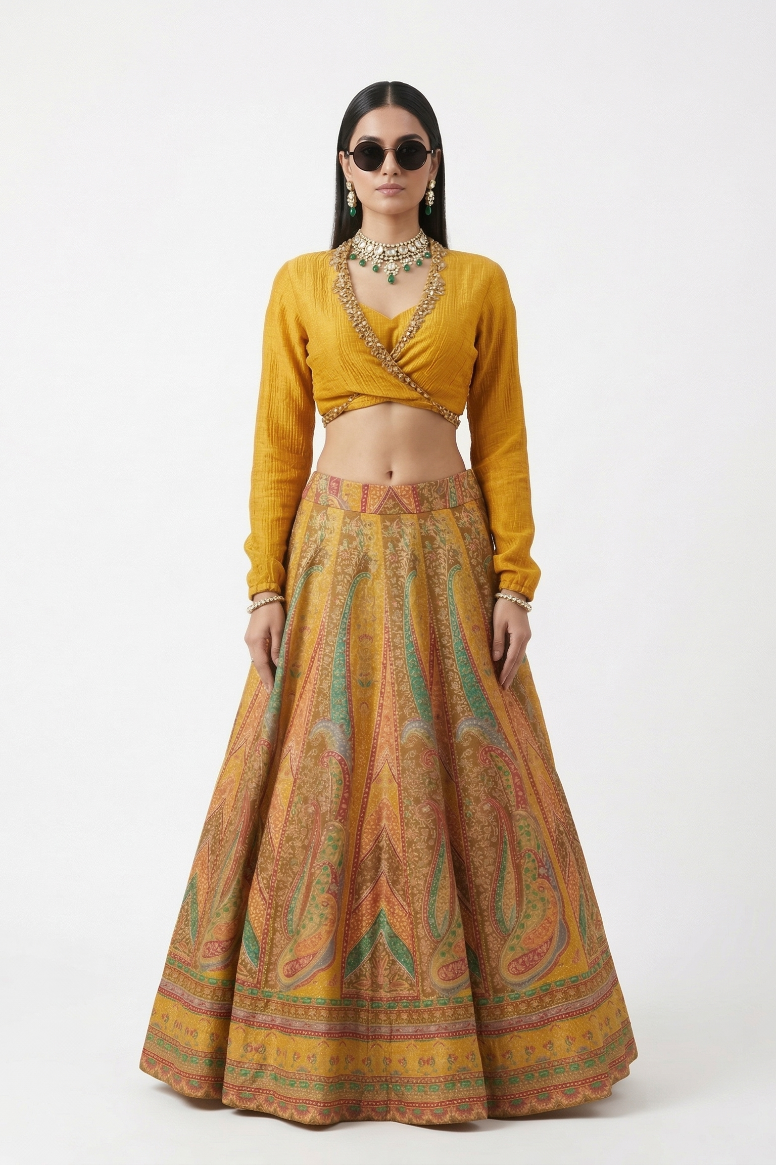 Marigold Mirage Printed Dola Silk Skirt Set