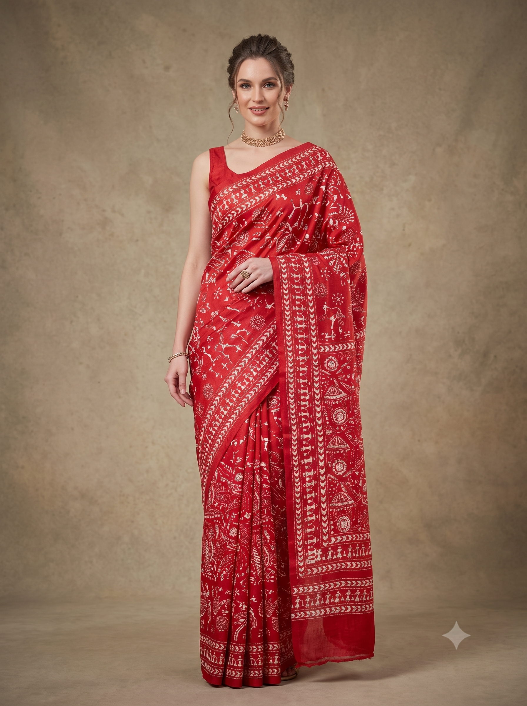 Red Scarlet Folk Kantha Pure Tussar Silk Saree