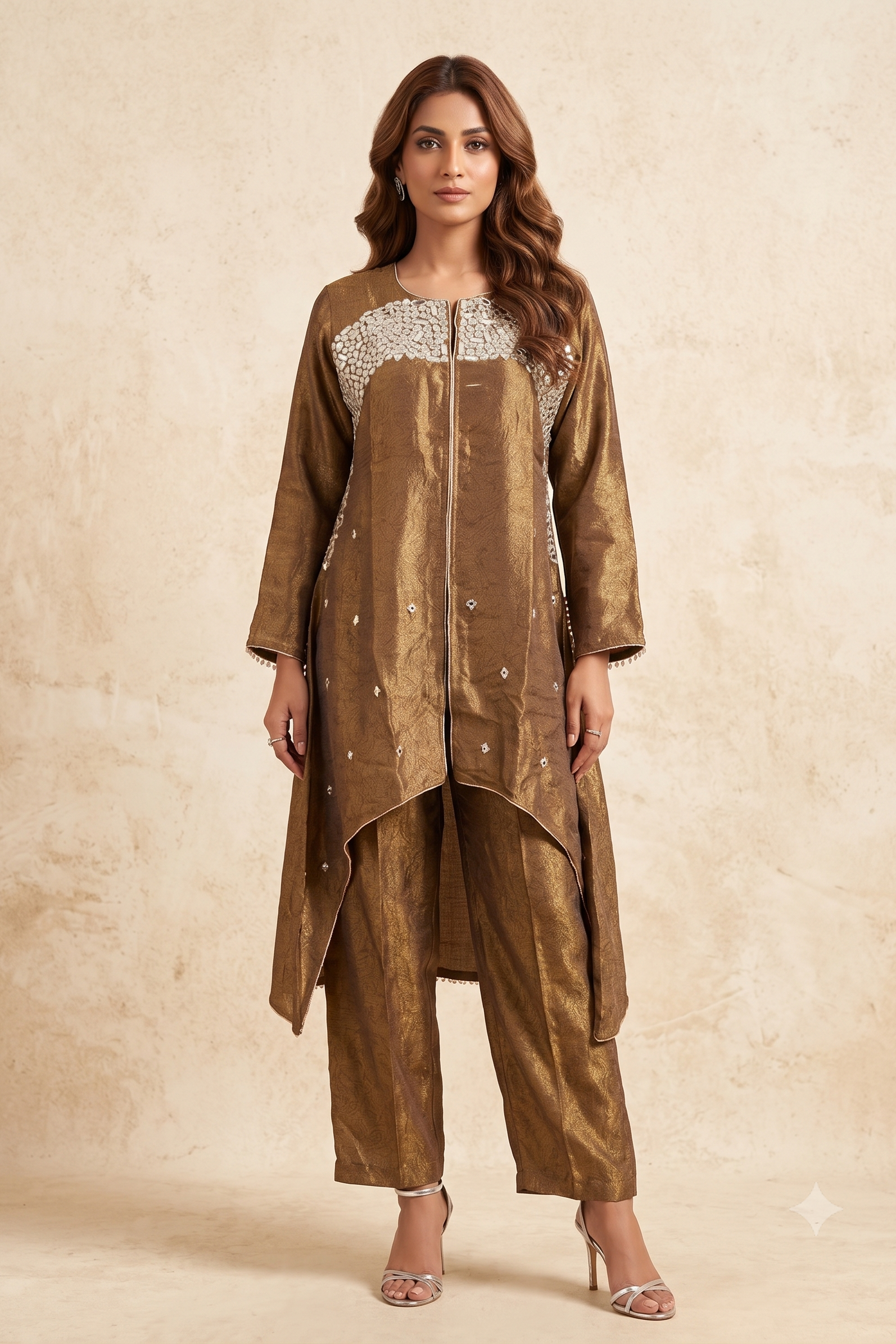 Golden Brown Embellished Chanderi Silk Kurta Set