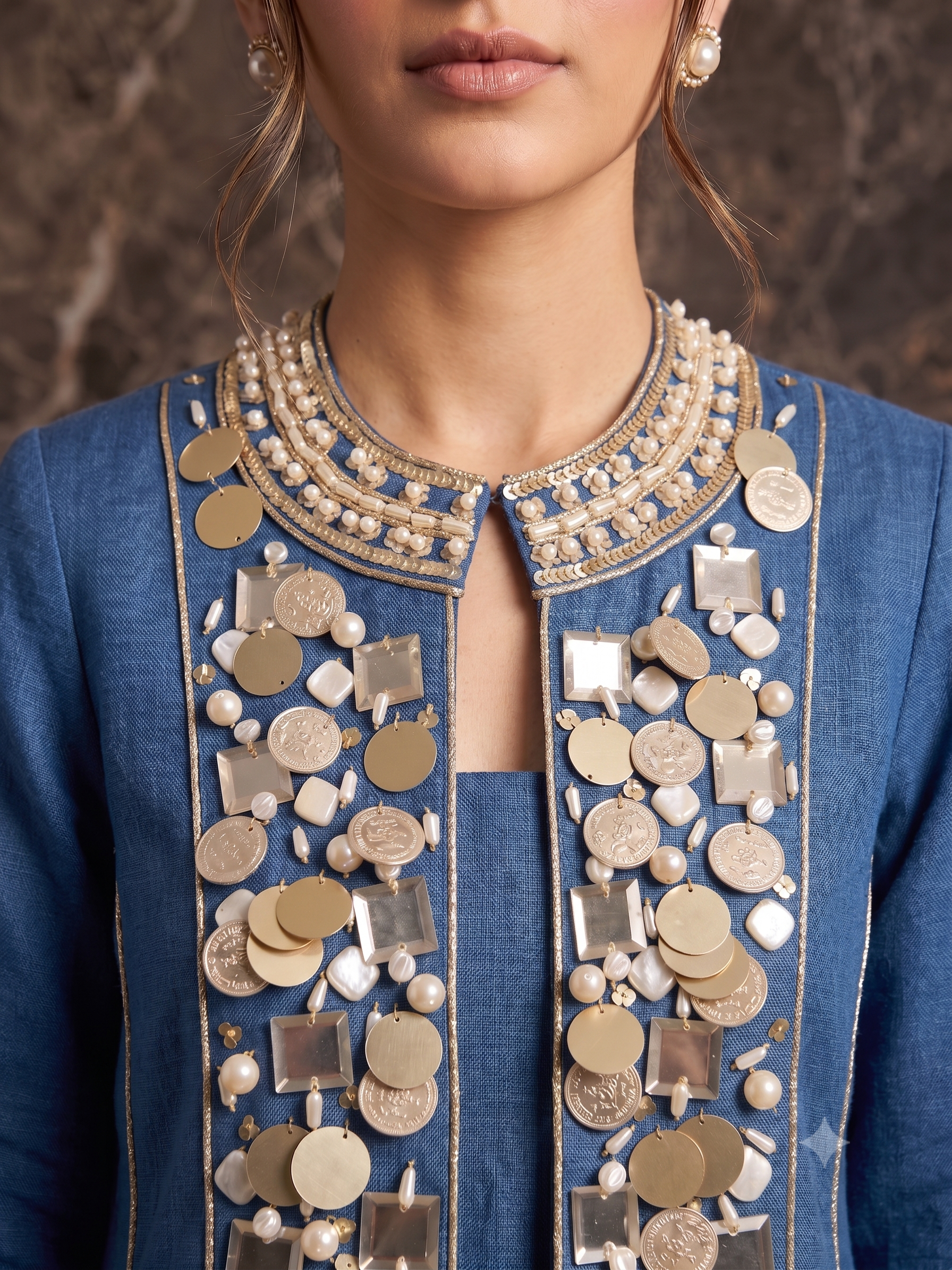 Denim Pearl Embellished Cotton Linen Pant Set