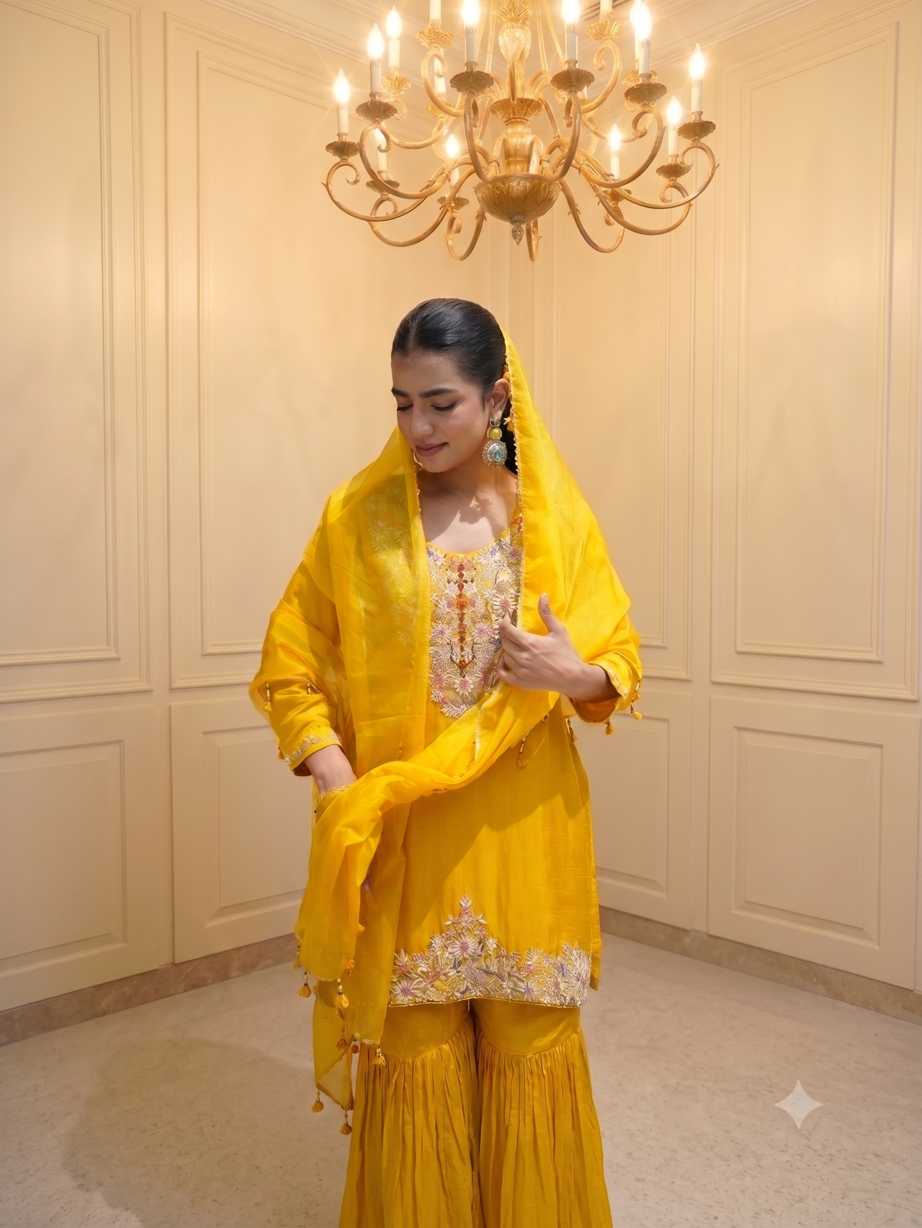 Sunlit Amber Embellished Raw Silk Sharara Set