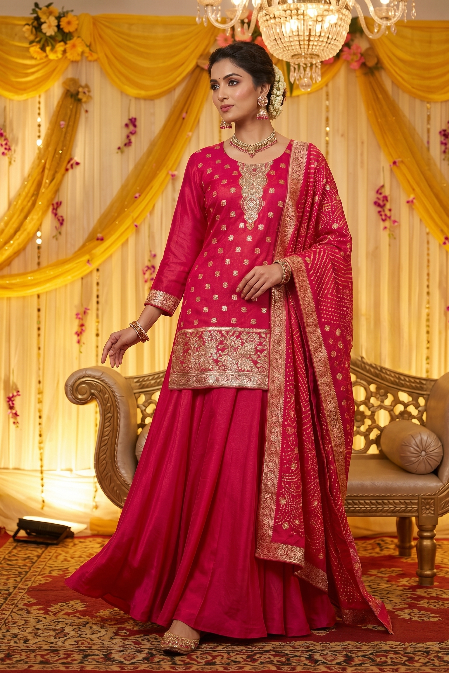 Cerise Pink Embroidered Crepe Silk Palazzo Set